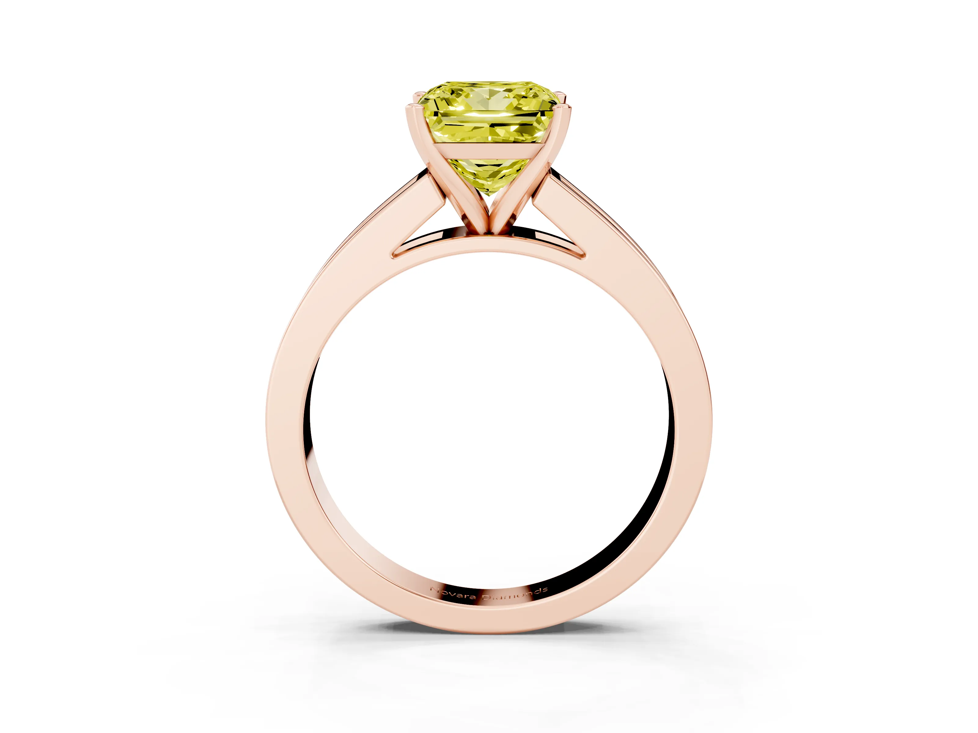 Fancy Yellow Princess Cut Diamond Solitaire Ring Set in Rose gold with Channel-Set Band and Prong Setting