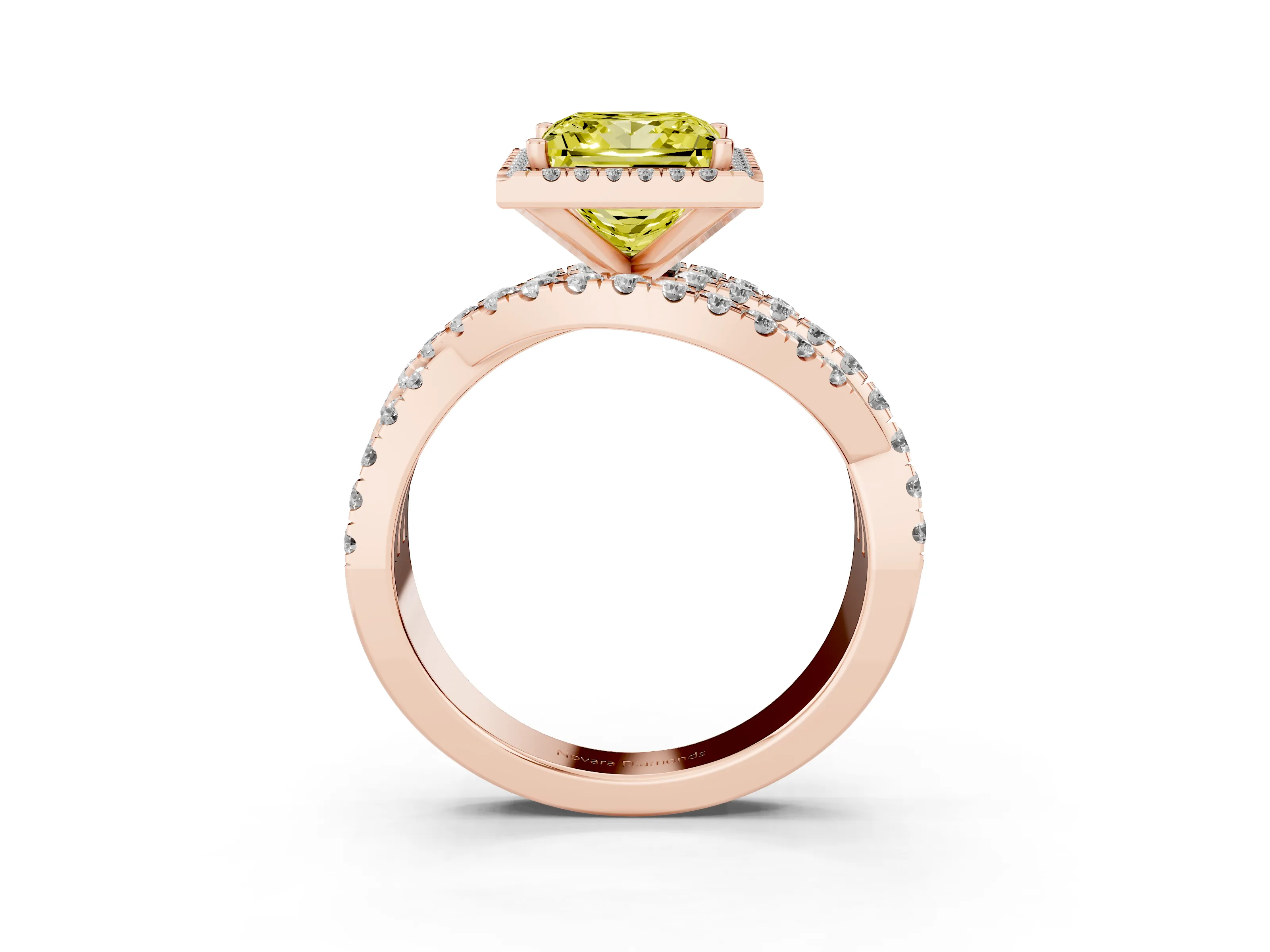Fancy Yellow Princess Cut Diamond Halo Ring Set in Rose gold with Round Crossover Split Shank and Prong Setting