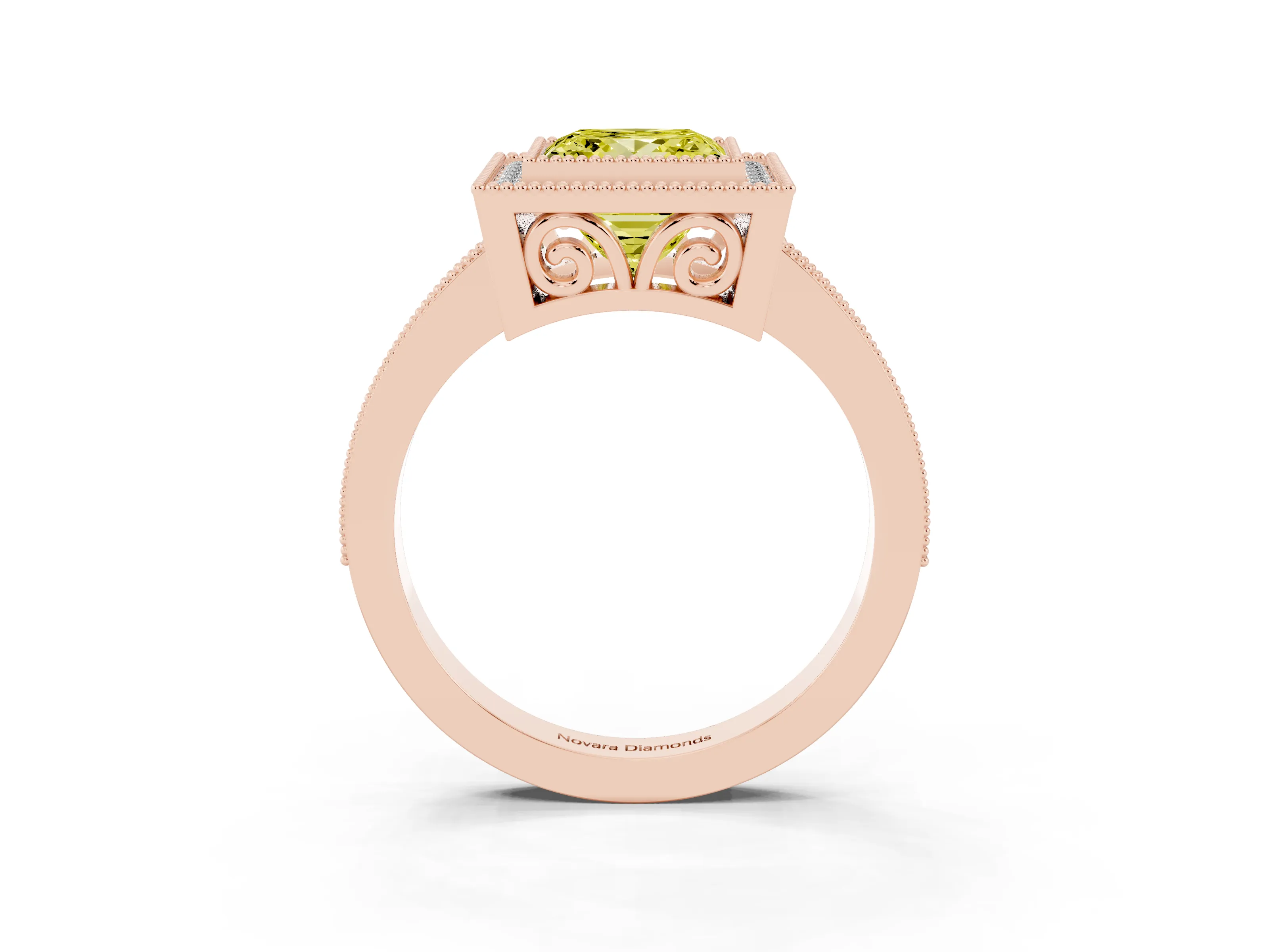 Fancy Yellow Princess Cut Diamond Halo Ring Set in Rose gold with Pavé Band and Milgrain-Edged Prongs