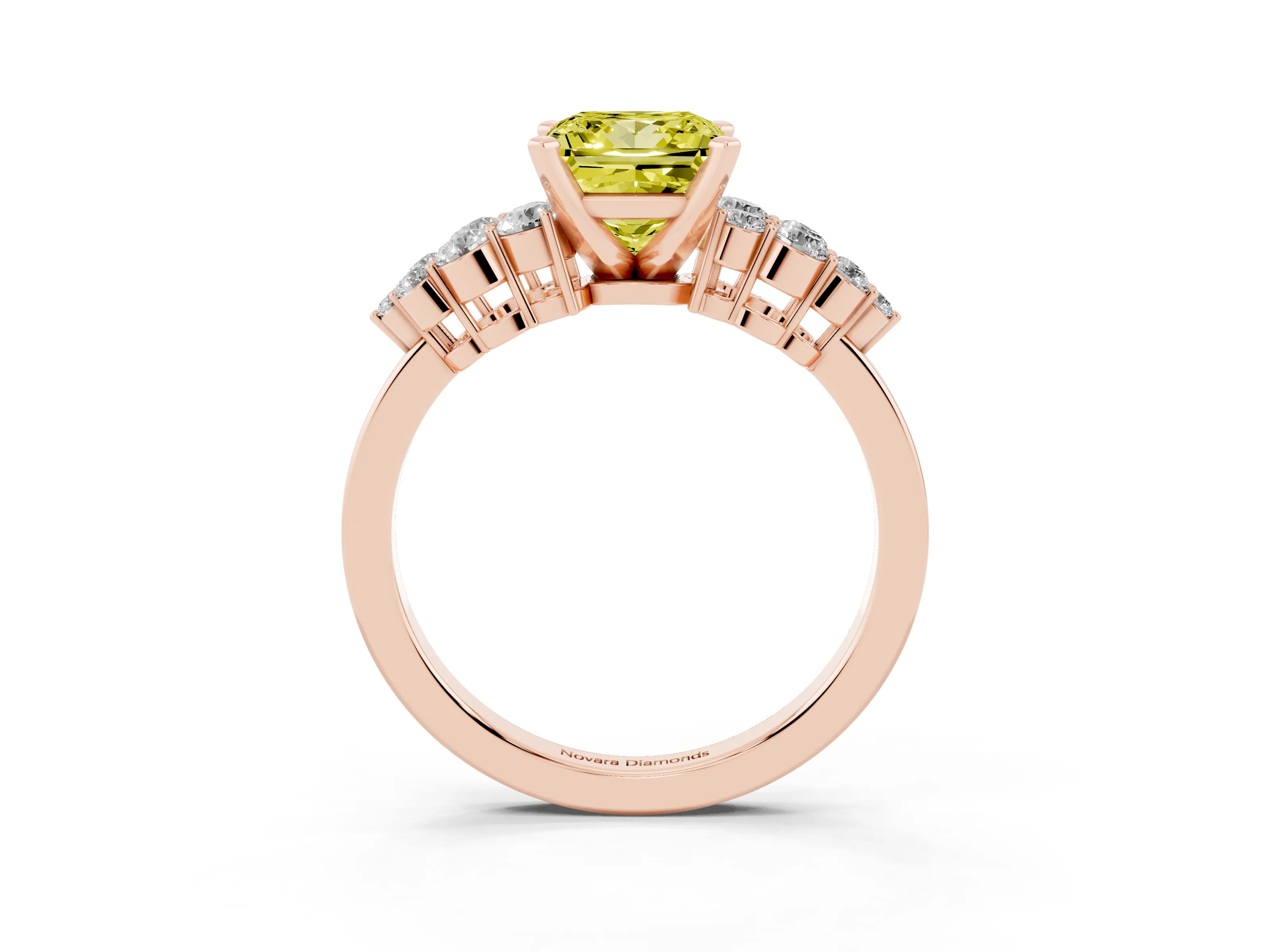 Fancy Yellow Princess Cut Diamond Cluster Engagement Ring Set in Rose gold with Pavé Band and Prong Setting