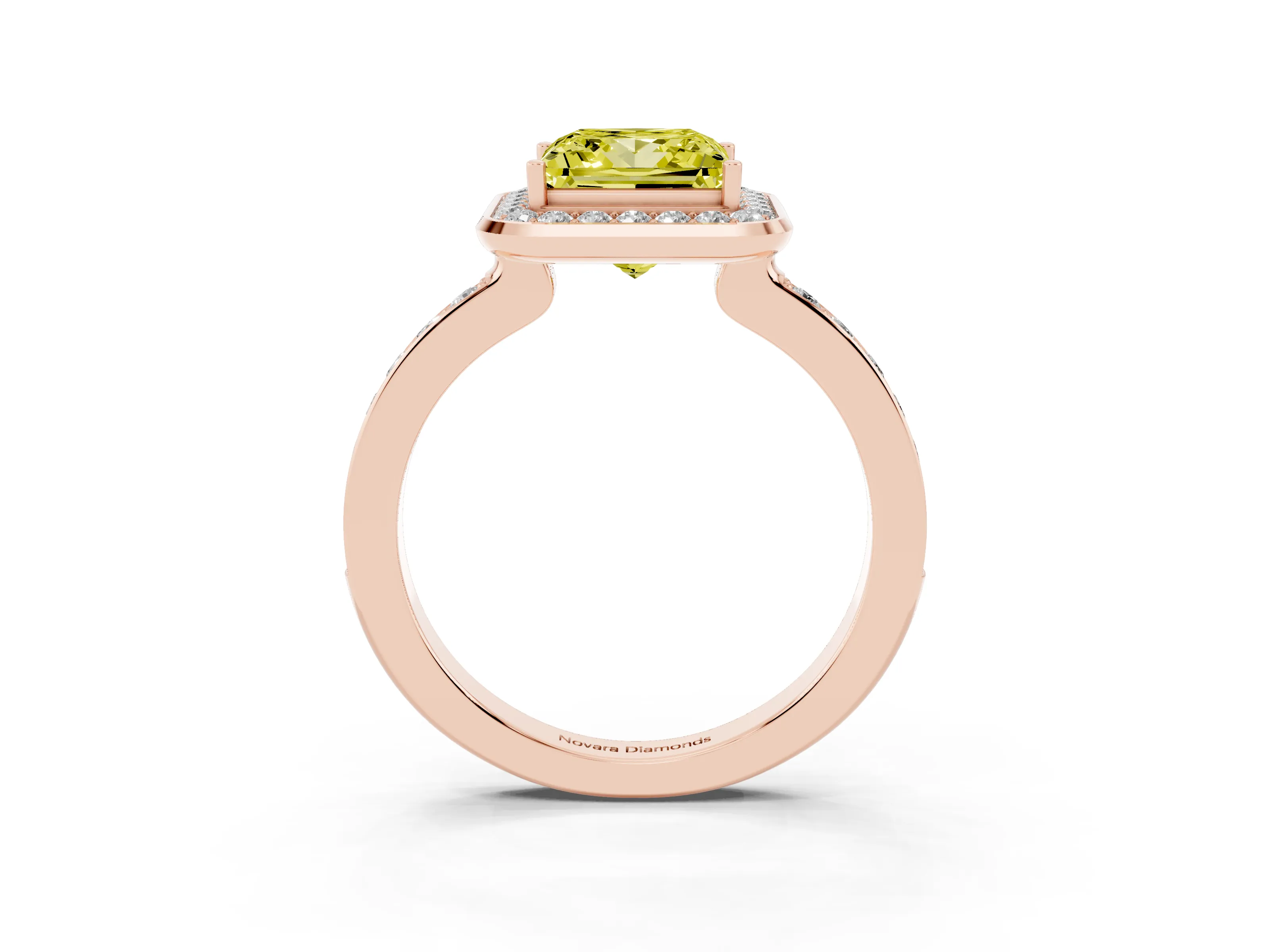 Fancy Yellow Princess Cut Diamond Halo Ring Set in Rose gold with Bezel Frame and Pavé Band