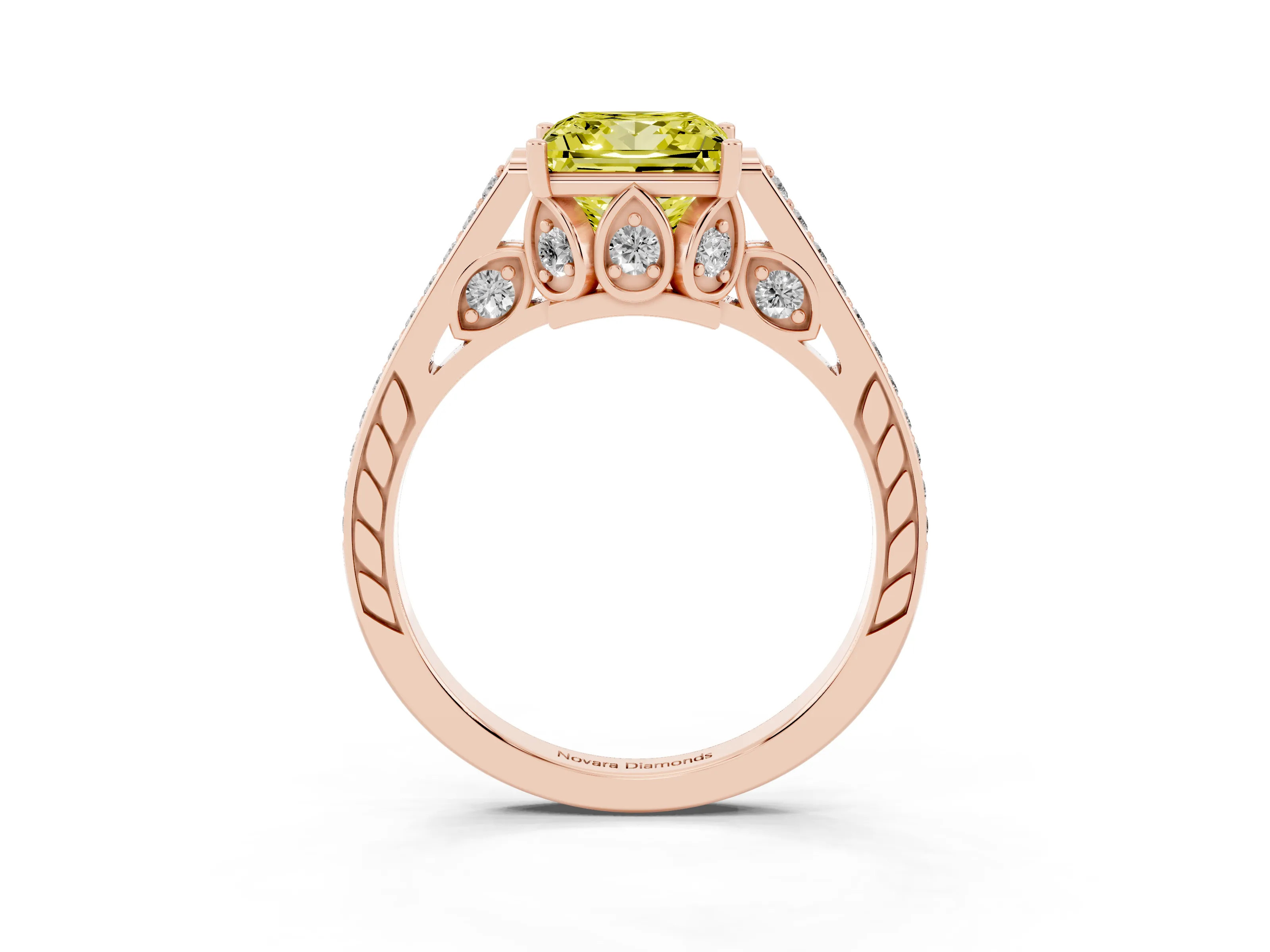 Fancy Yellow Princess Cut Diamond Cathedral Pavé Engagement Ring Set in Rose gold with Prong Setting