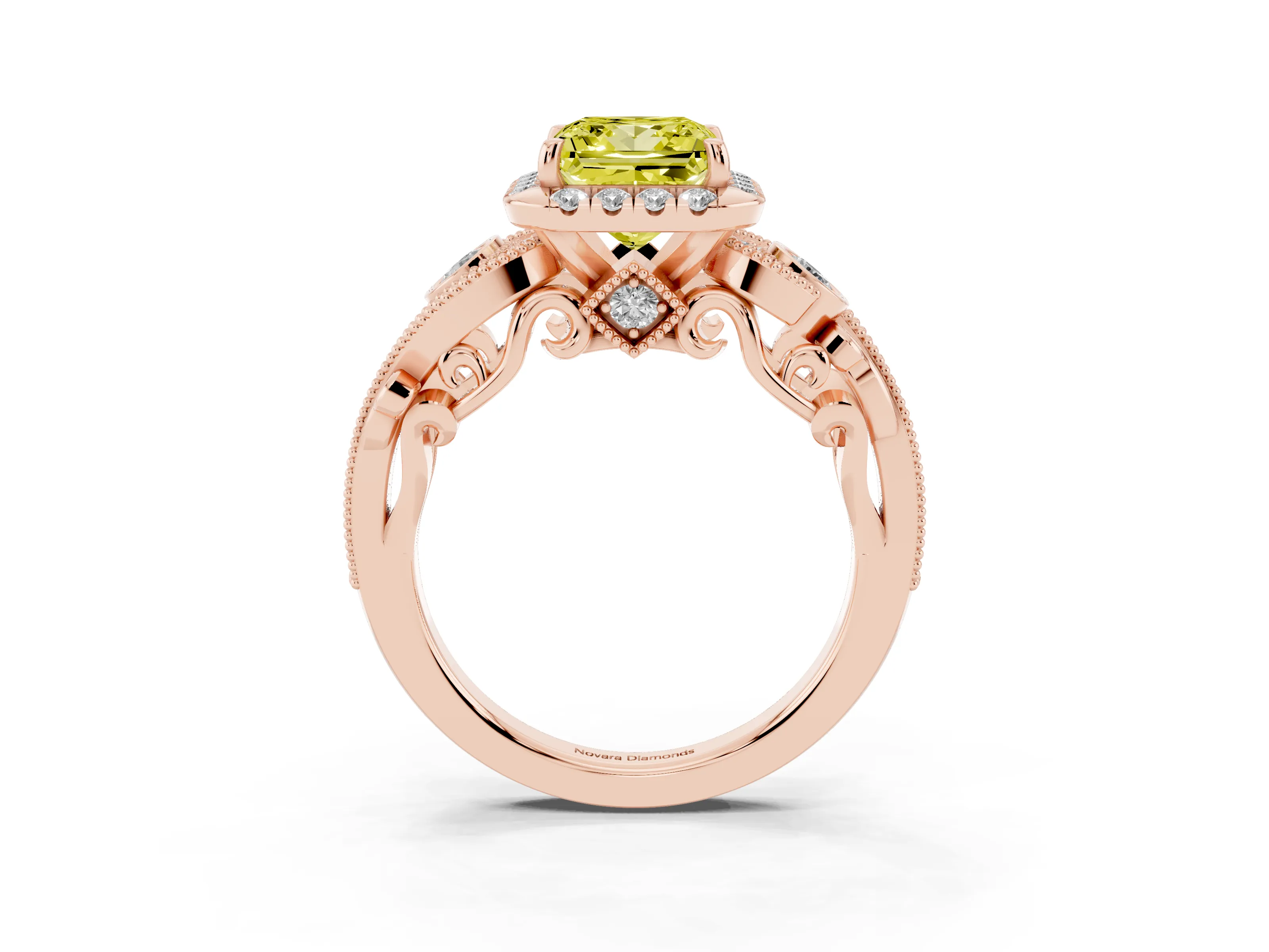 Fancy Yellow Princess Cut Diamond Halo Split Shank Ring Set in Rose gold with Milgrain and Bezel Accents