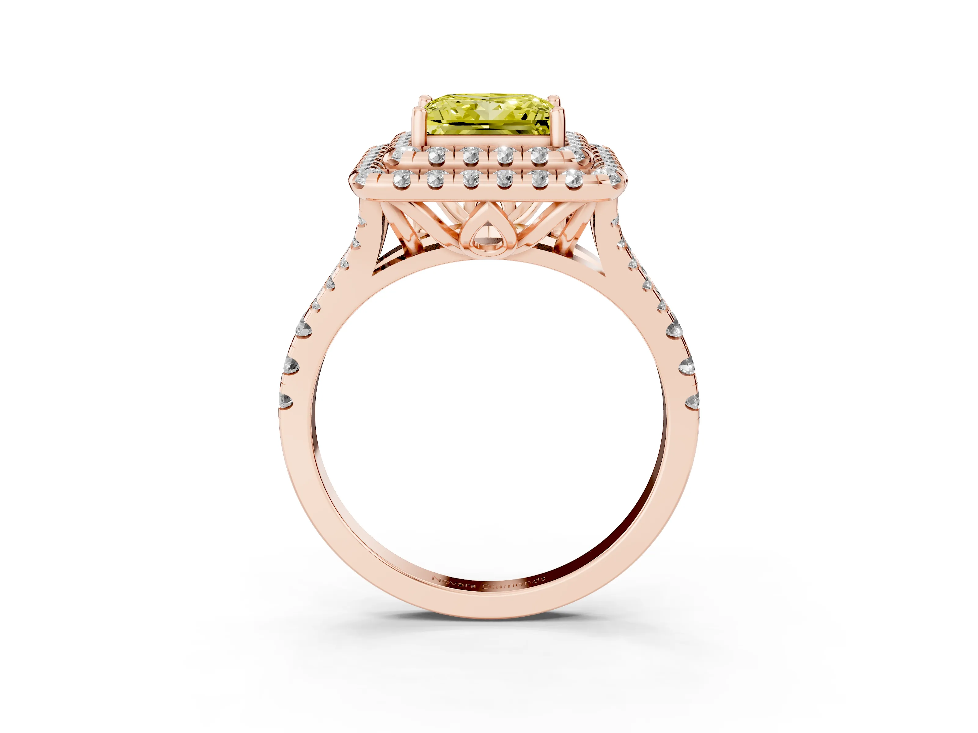 Fancy Yellow Princess Cut Diamond Double Halo Ring Set in Rose gold with Pavé Split Shank and Prong Setting