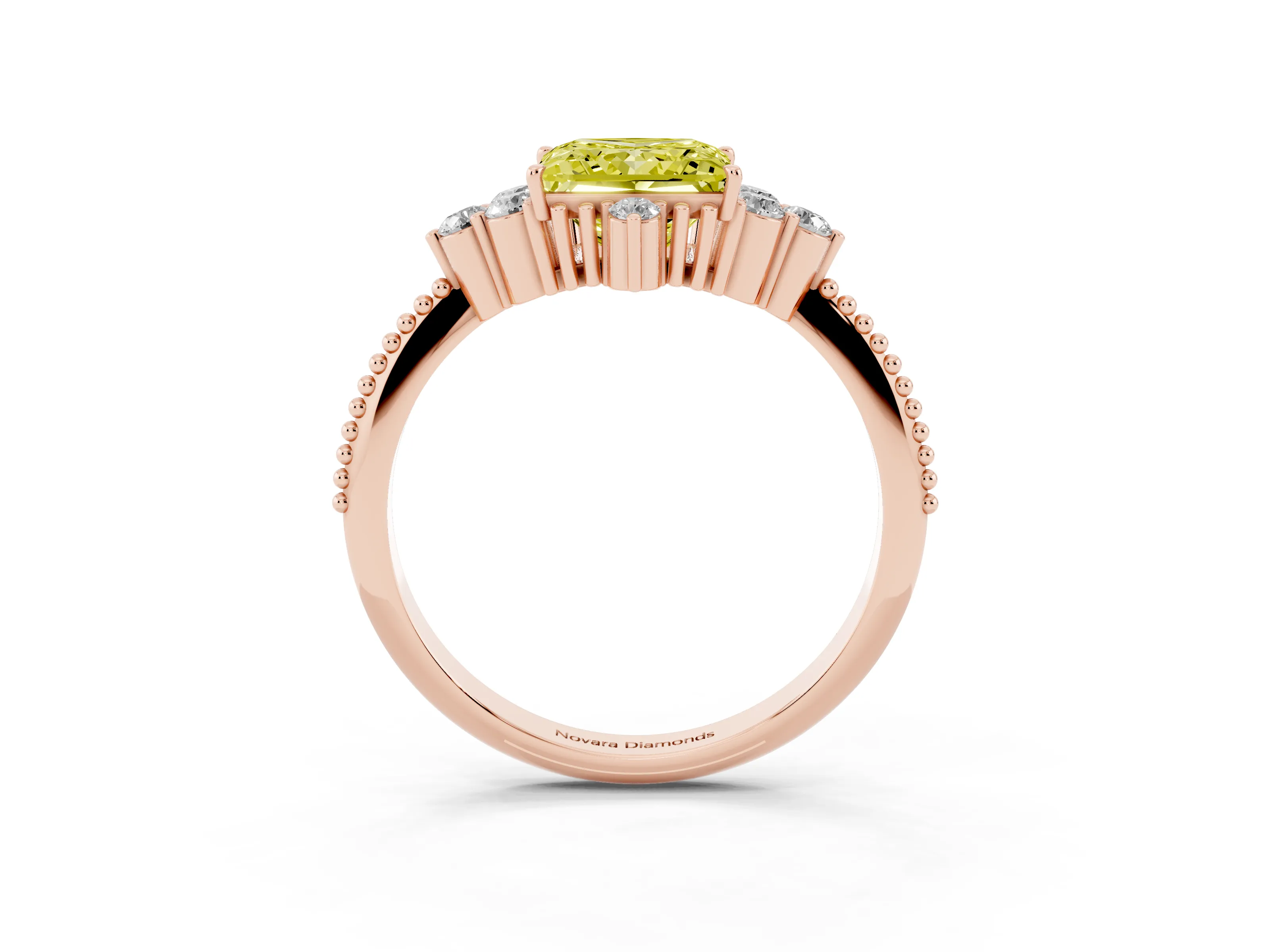 Fancy Yellow Princess Cut Diamond Cluster Ring Set in Rose gold with Beaded Band