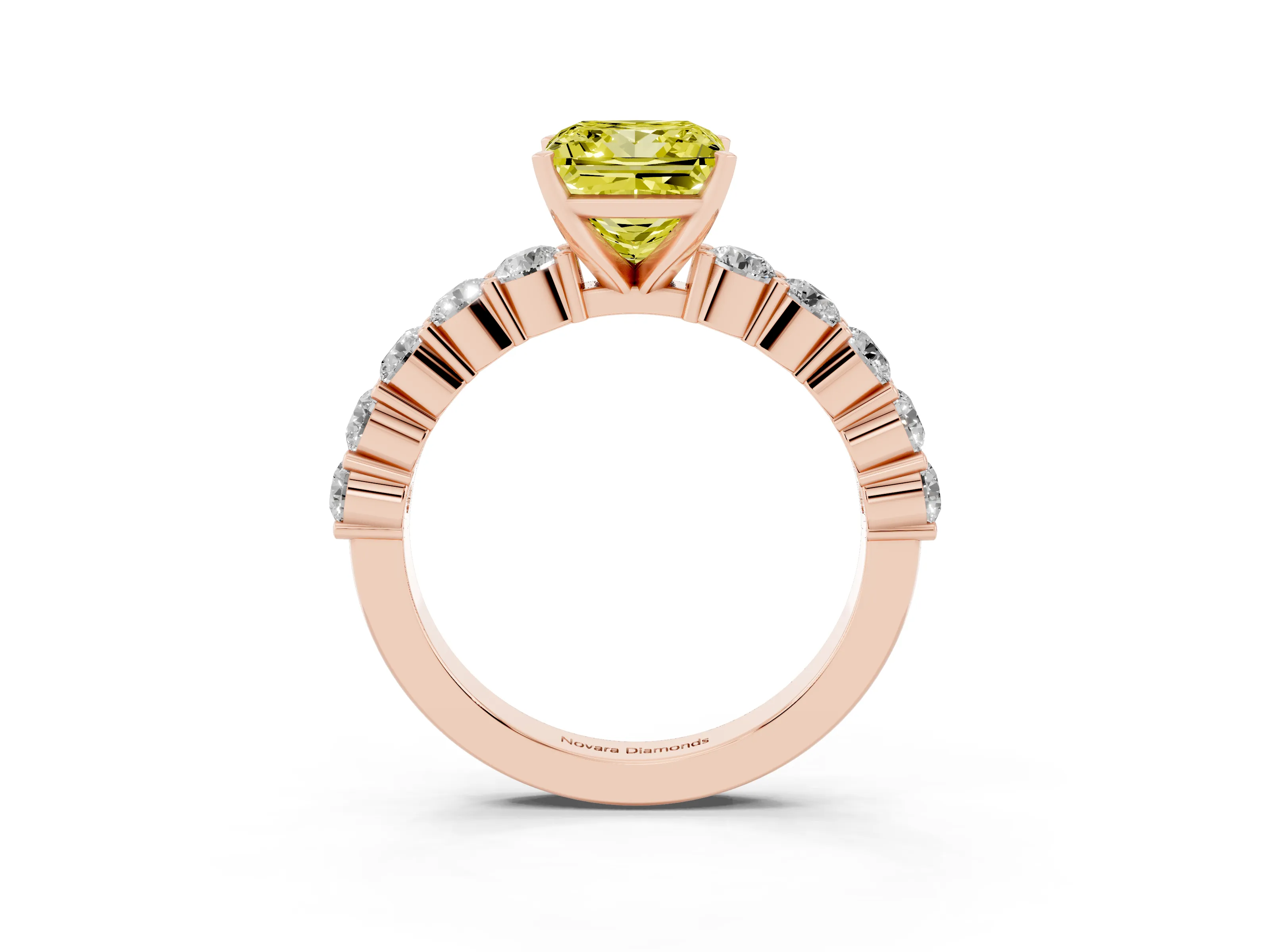 Fancy Yellow Princess Cut Diamond Solitaire Ring Set in Rose gold with Shared Prong Round Side Stones