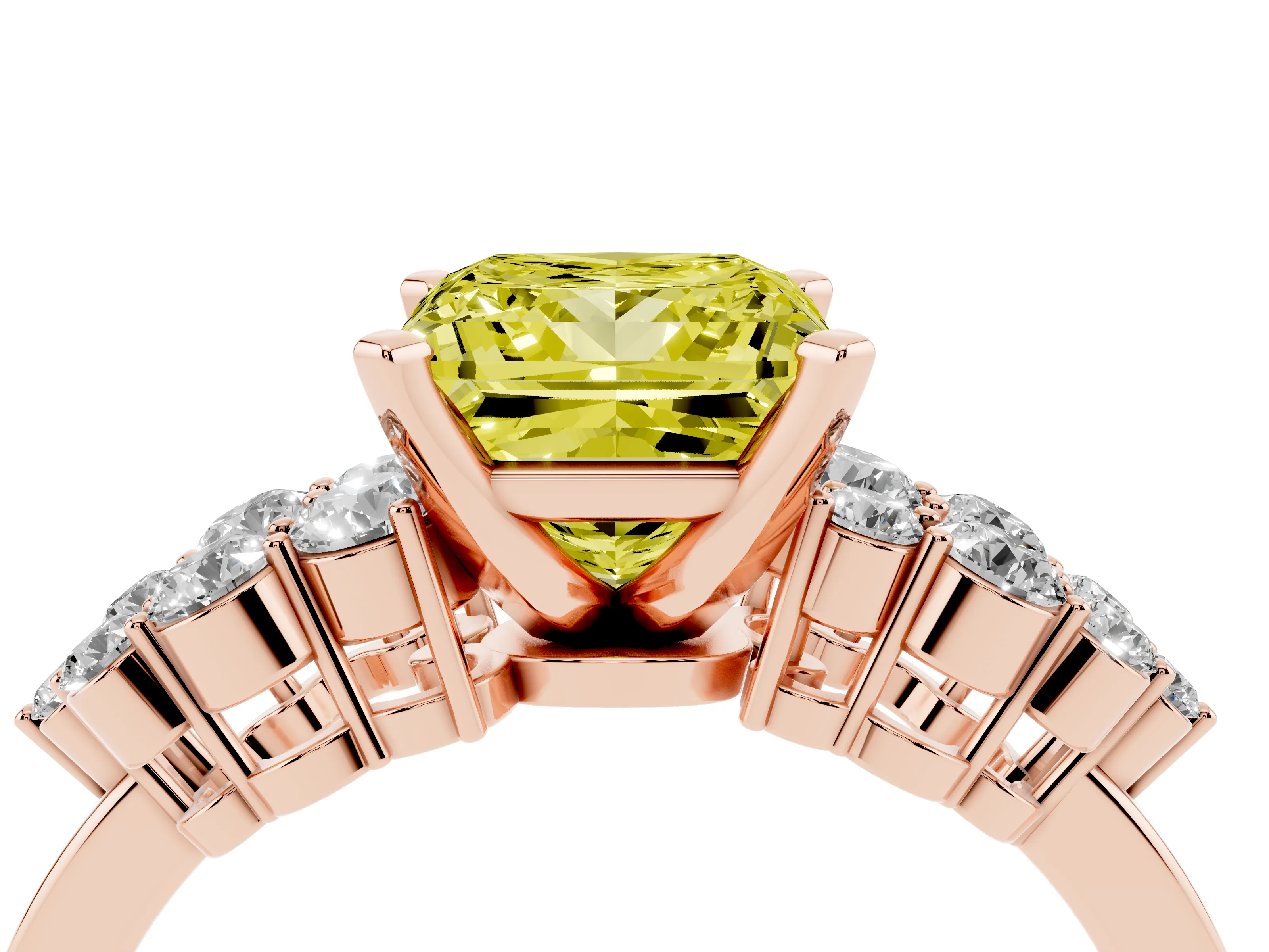 Fancy Yellow Princess Cut Diamond Cluster Engagement Ring Set in Rose gold with Pavé Band and Prong Setting