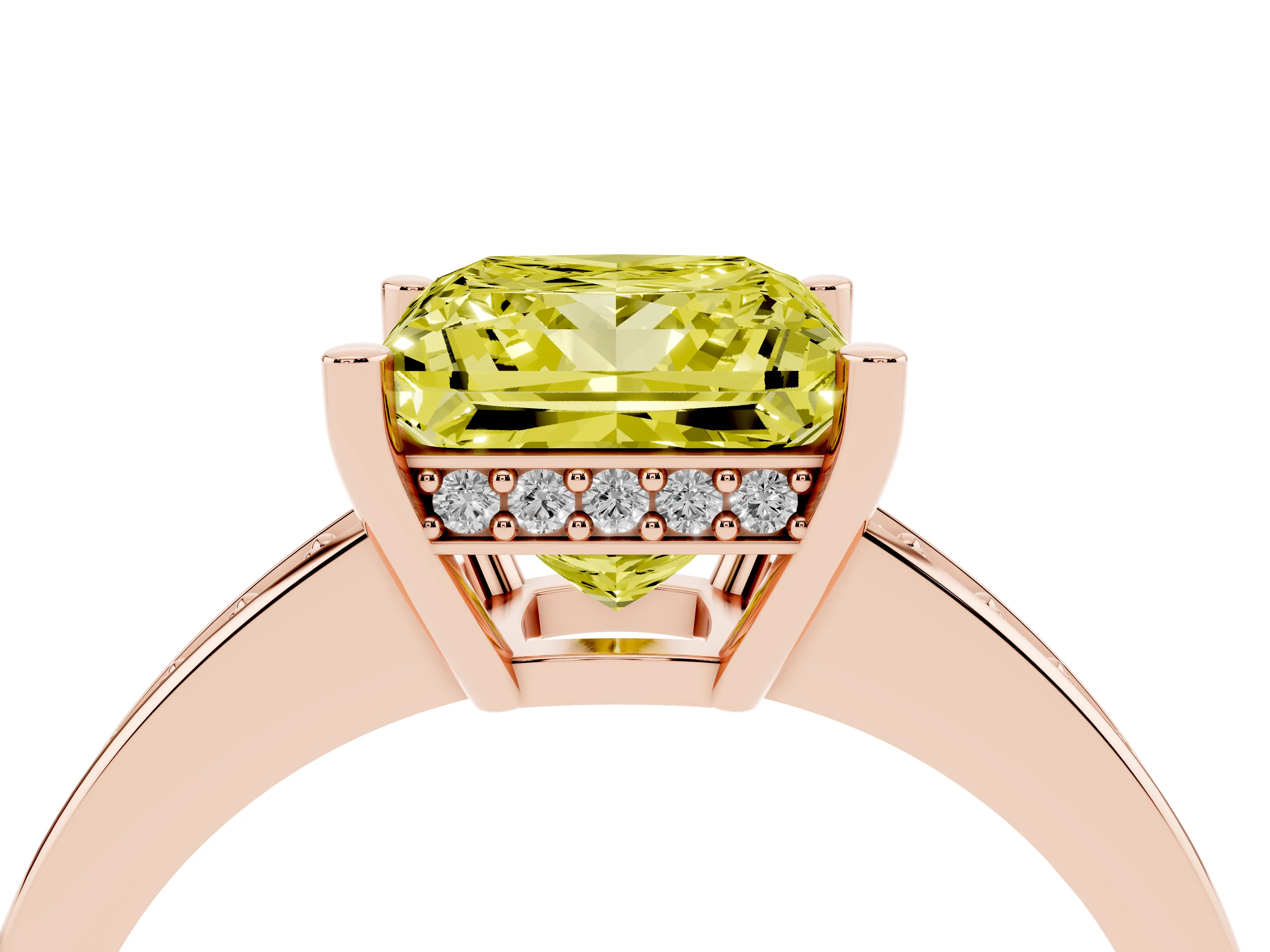 Fancy Yellow Princess Cut Diamond Pavé Band Prong Set Solitaire Ring Set in Rose gold