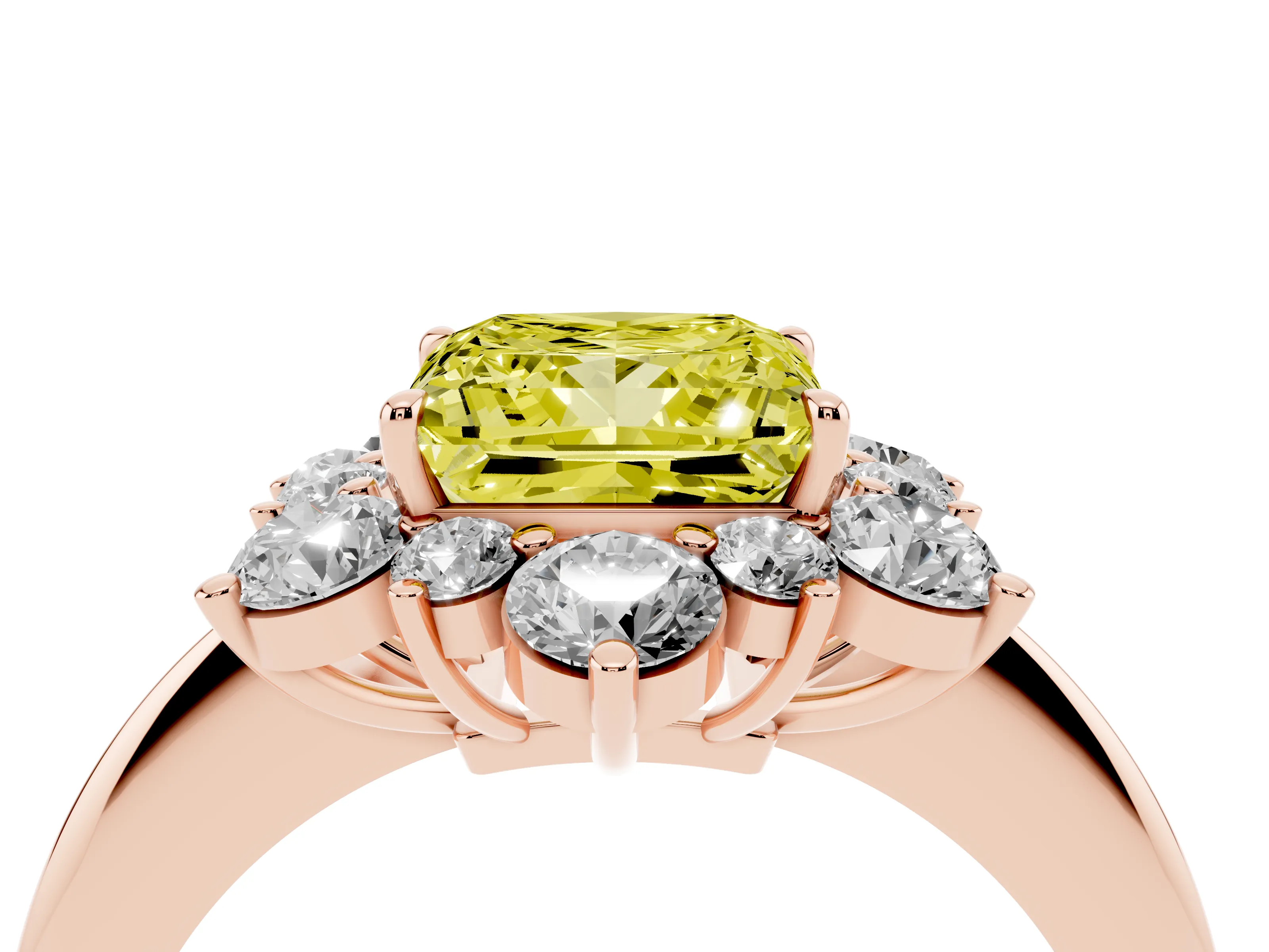 Fancy Yellow Princess Cut Diamond Cluster Halo Ring Set in Rose gold with Solitaire Band and Prong Setting