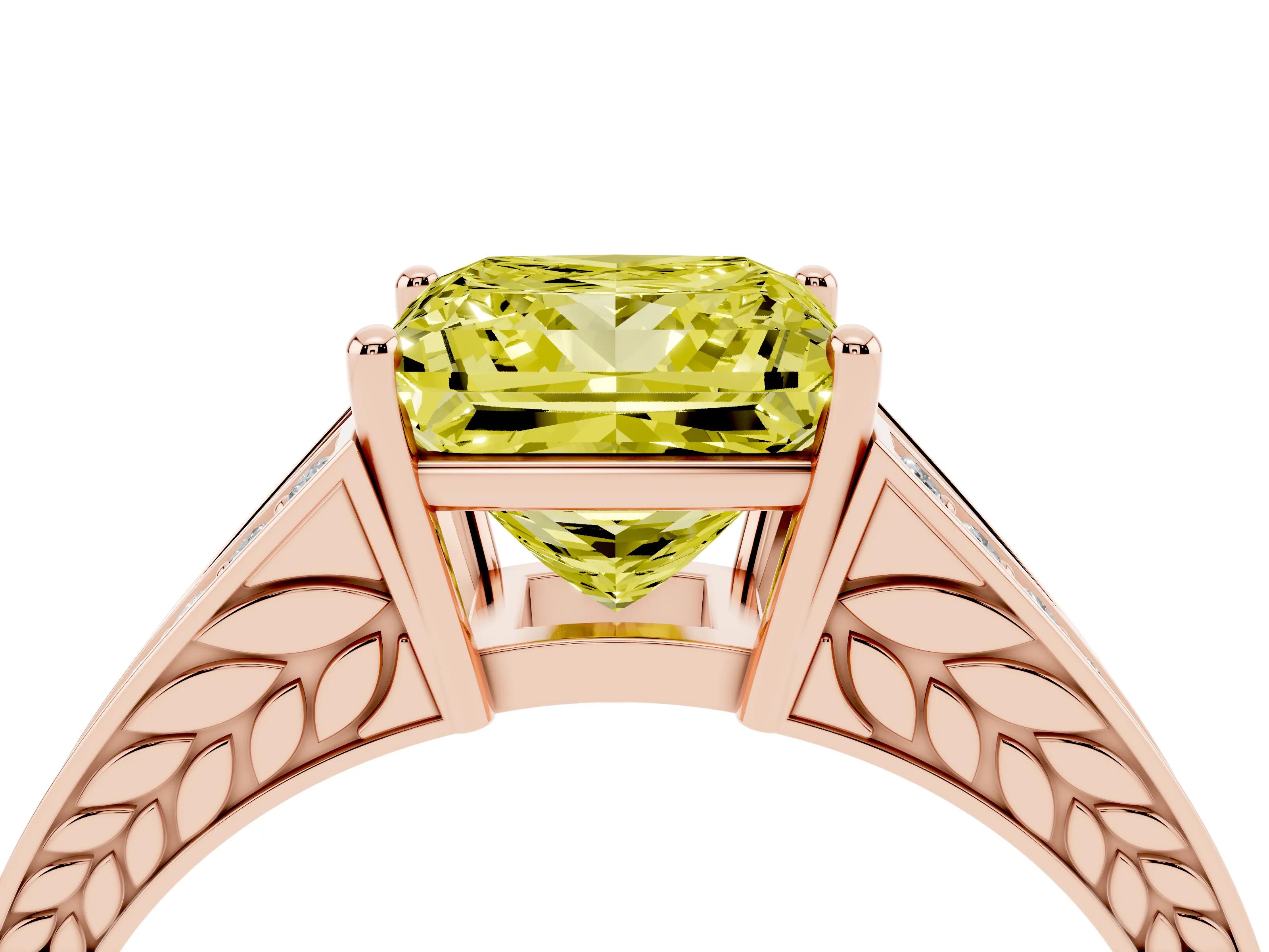 Fancy Yellow Princess Cut Diamond Split Shank Ring Set in Rose gold with Pavé Band and Prong Setting