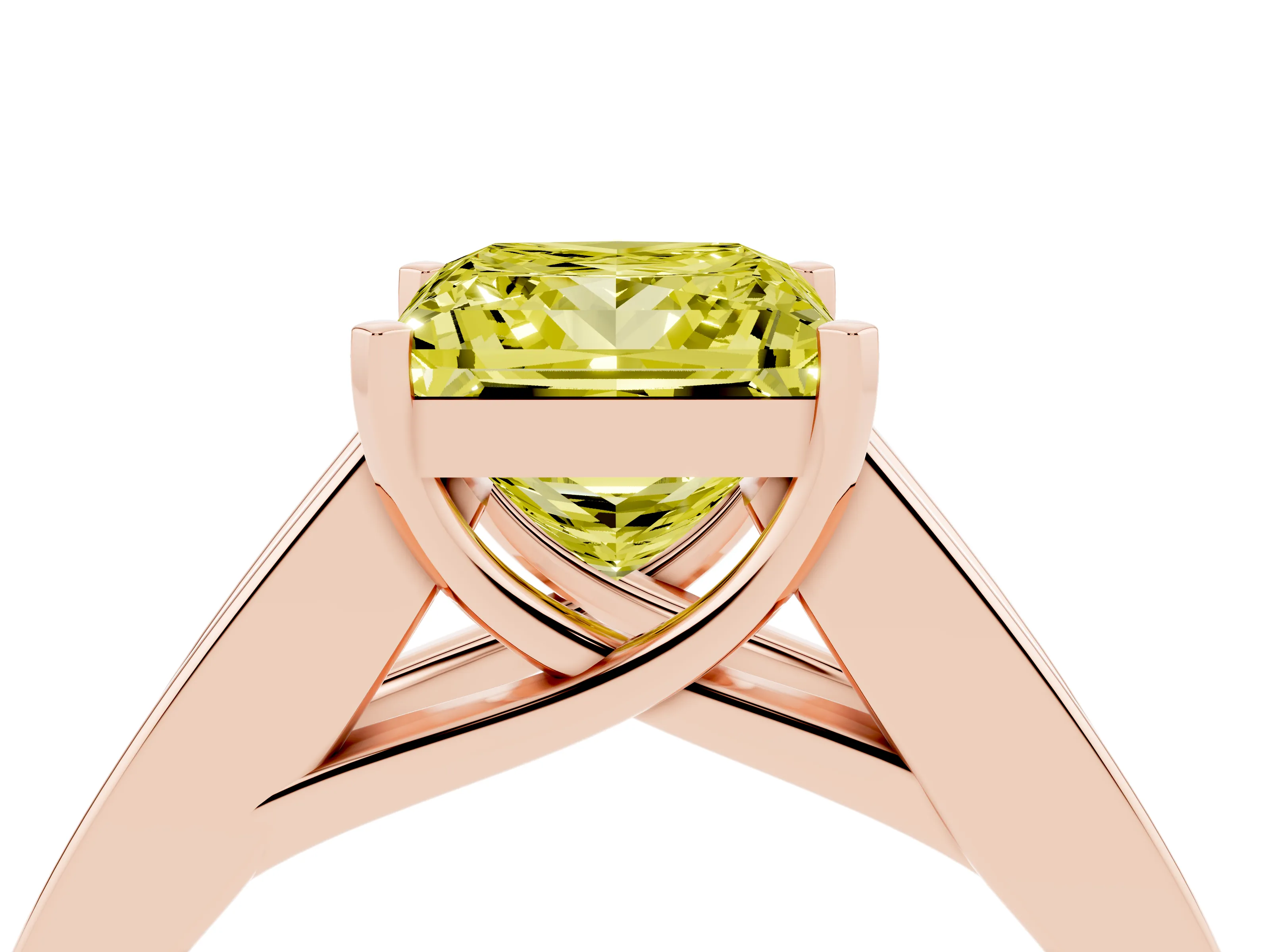 Fancy Yellow Princess Cut Diamond Solitaire Ring Set in Rose gold with Channel-Set Accent Stones and Prong Setting