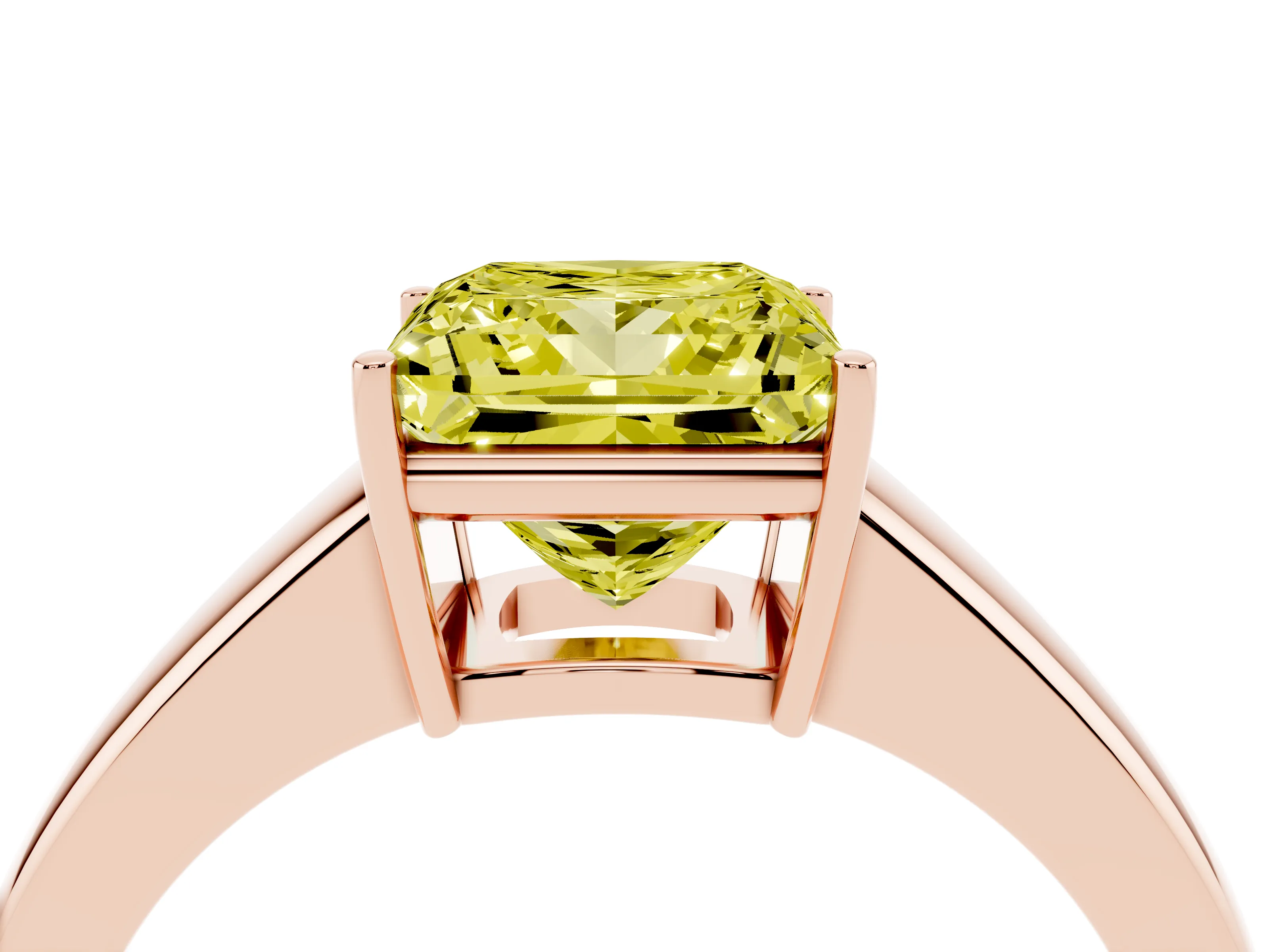 Fancy Yellow Princess Cut Diamond Solitaire Ring Set in Rose gold with Tapered Band and Prong Setting