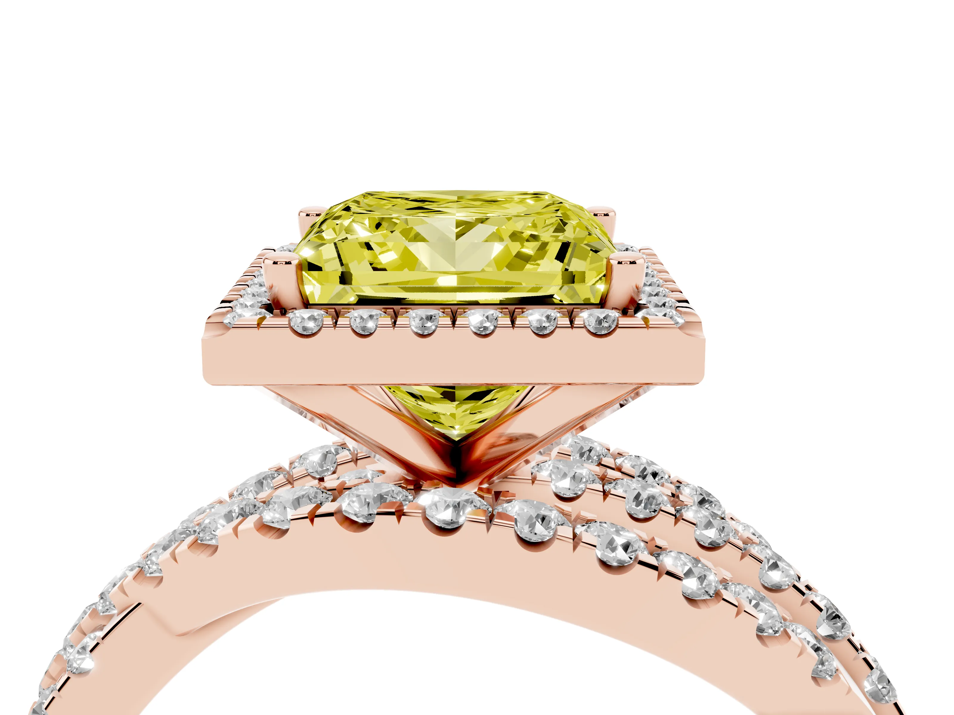 Fancy Yellow Princess Cut Diamond Halo Ring Set in Rose gold with Round Crossover Split Shank and Prong Setting