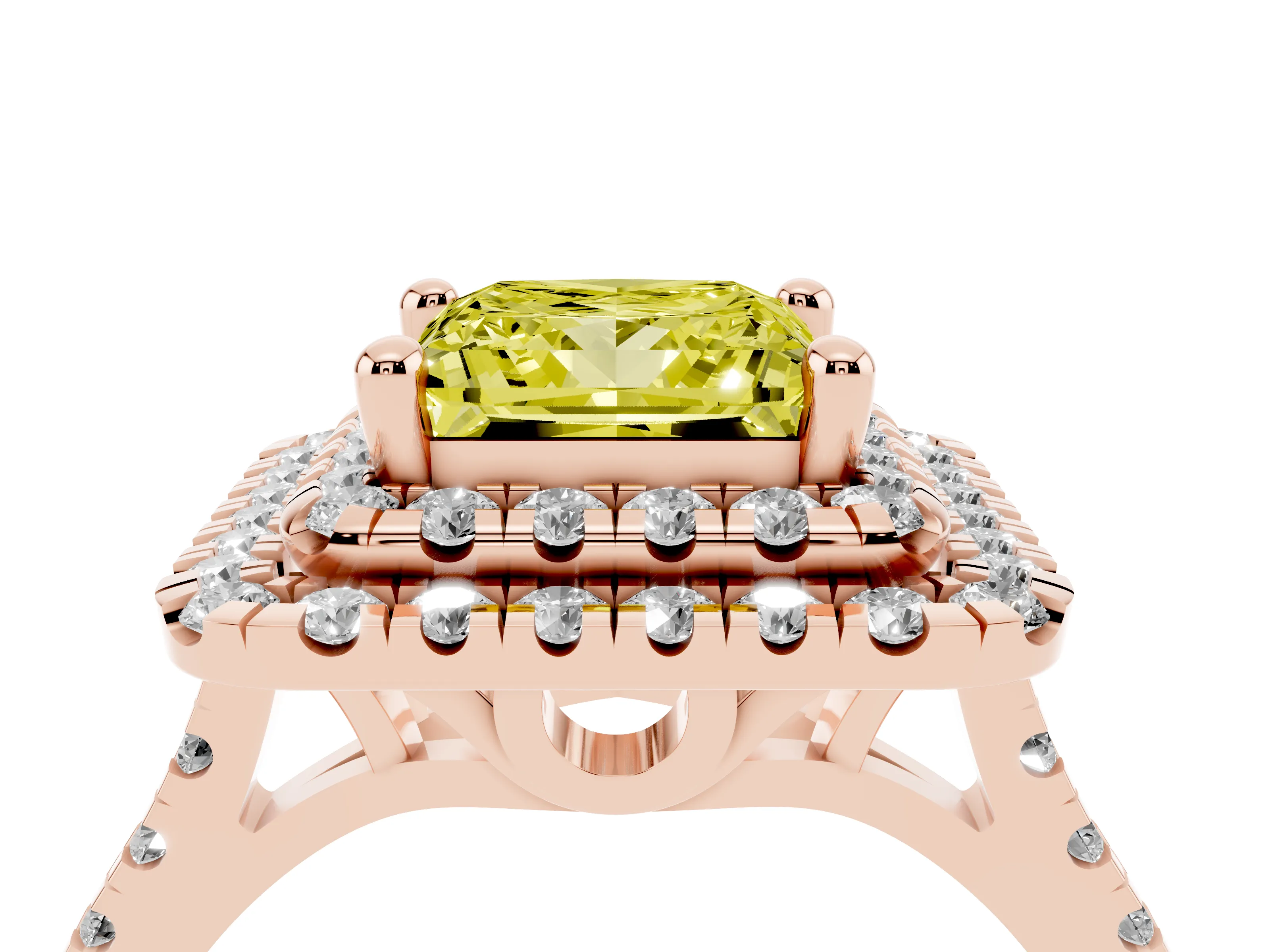 Fancy Yellow Princess Cut Diamond Double Halo Statement Ring Set in Rose gold with Pavé Band