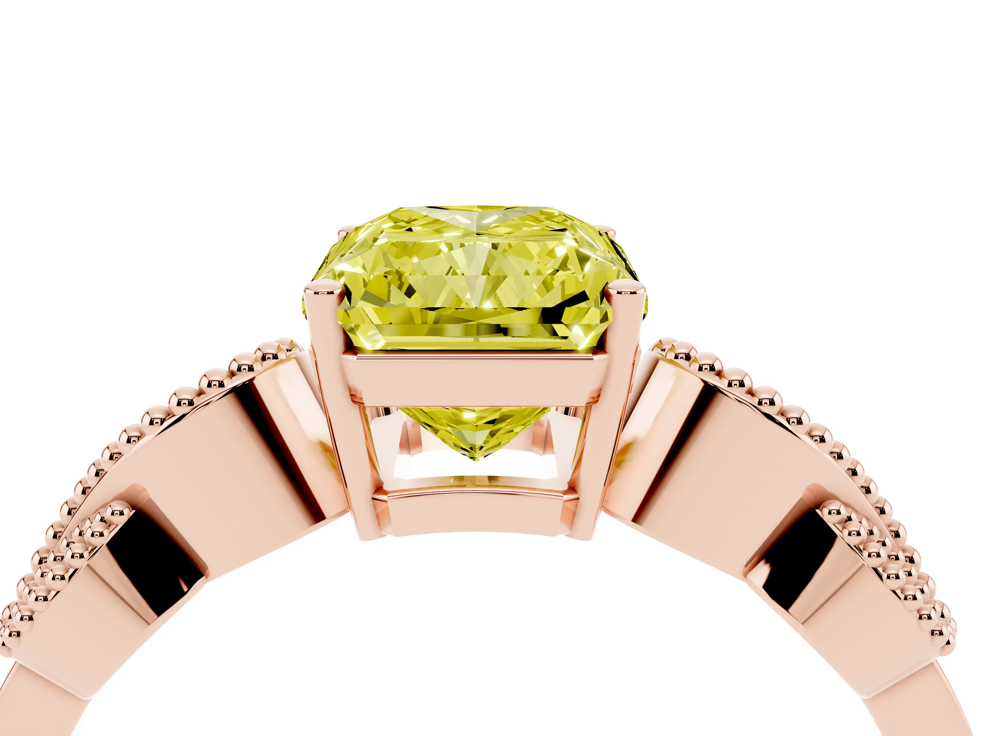 Fancy Yellow Princess Cut Diamond Milgrain Leaf Band Solitaire Ring Set in Rose gold with Accent Stones and Prong Setting