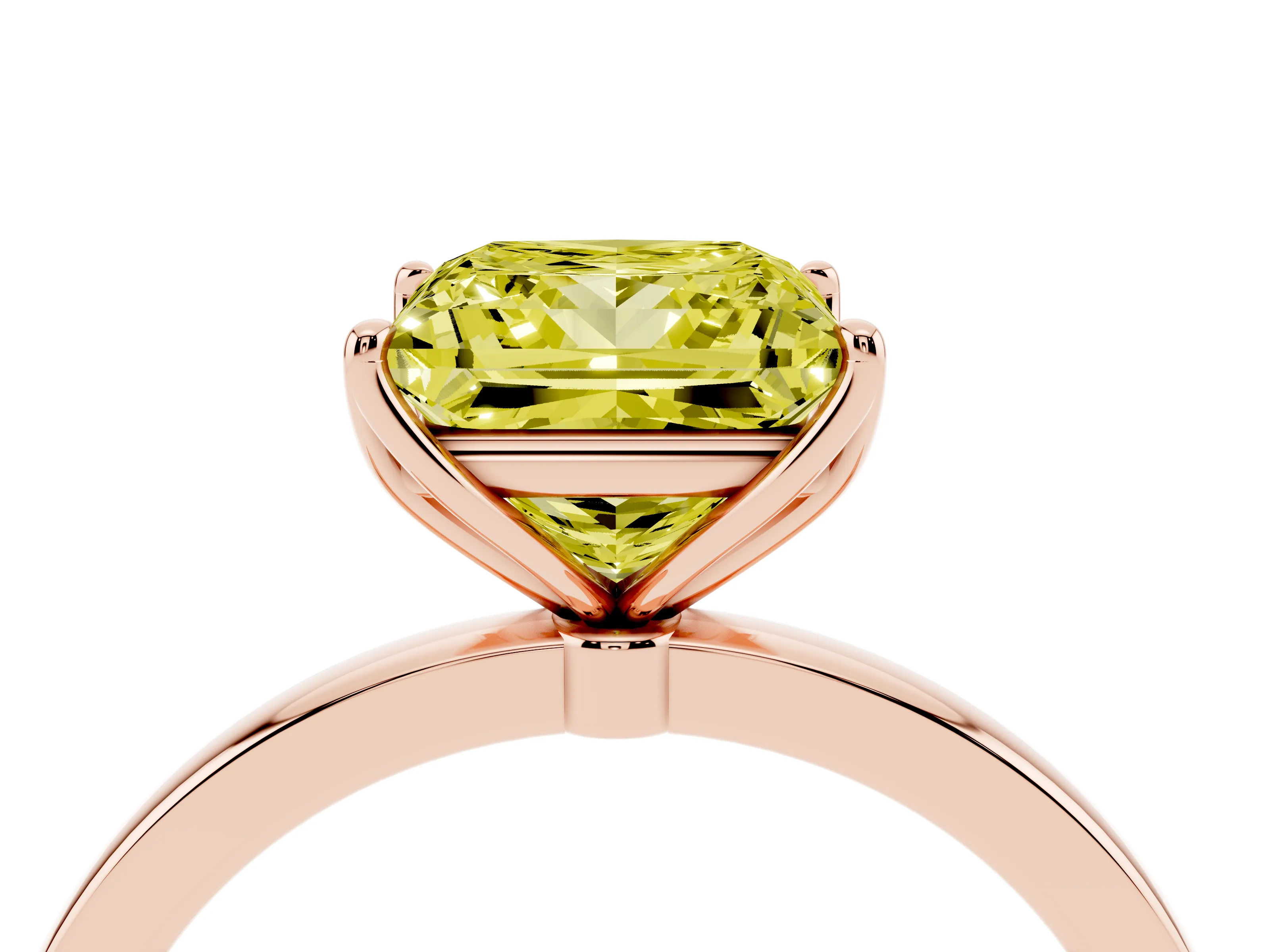 Fancy Yellow Princess Cut Diamond Solitaire Ring Set in Rose gold with Prong Setting and Thin Polished Band