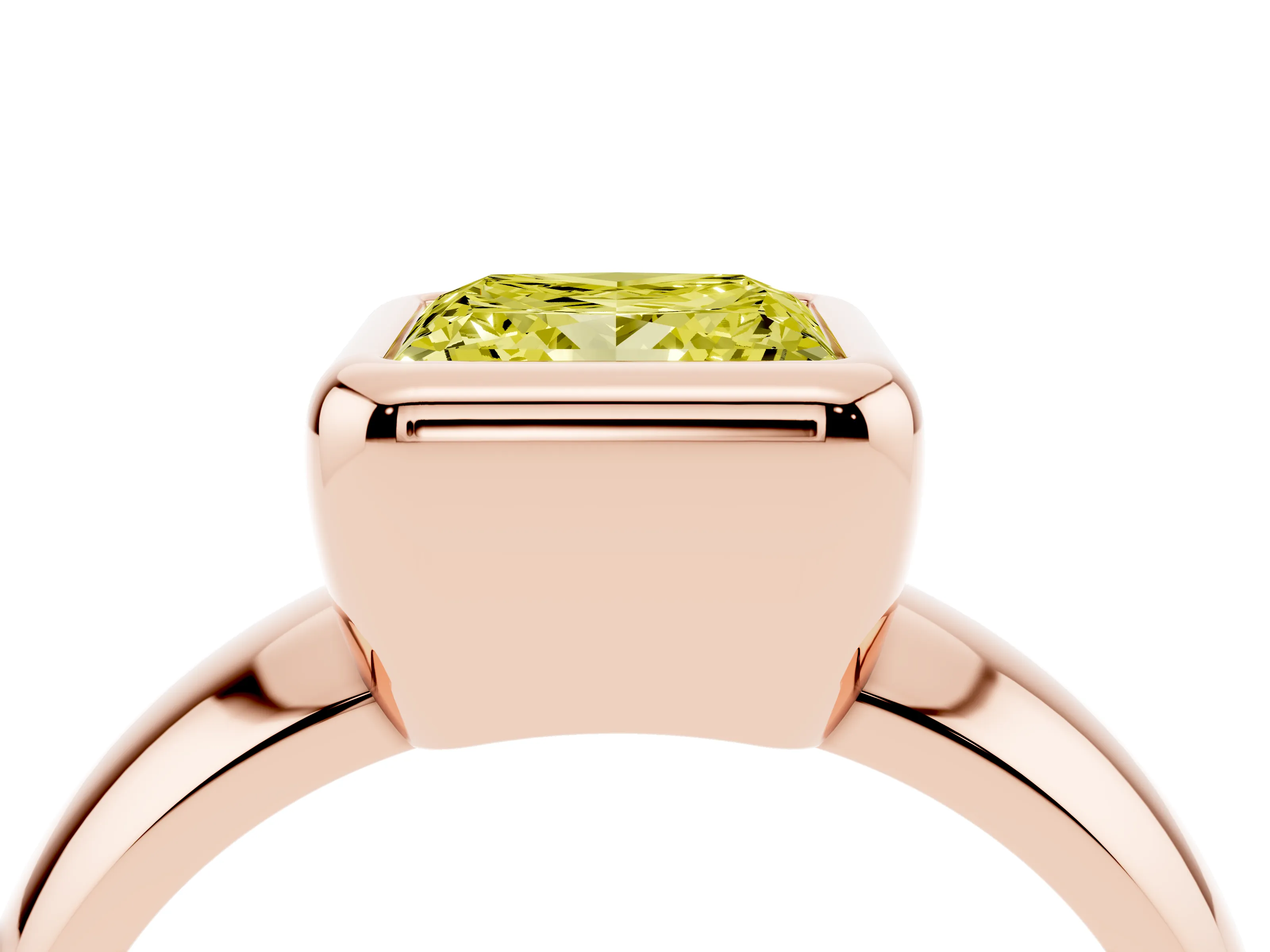 Fancy Yellow Bezel Set Princess Cut Diamond Solitaire Ring Set in Rose gold with Wide Band