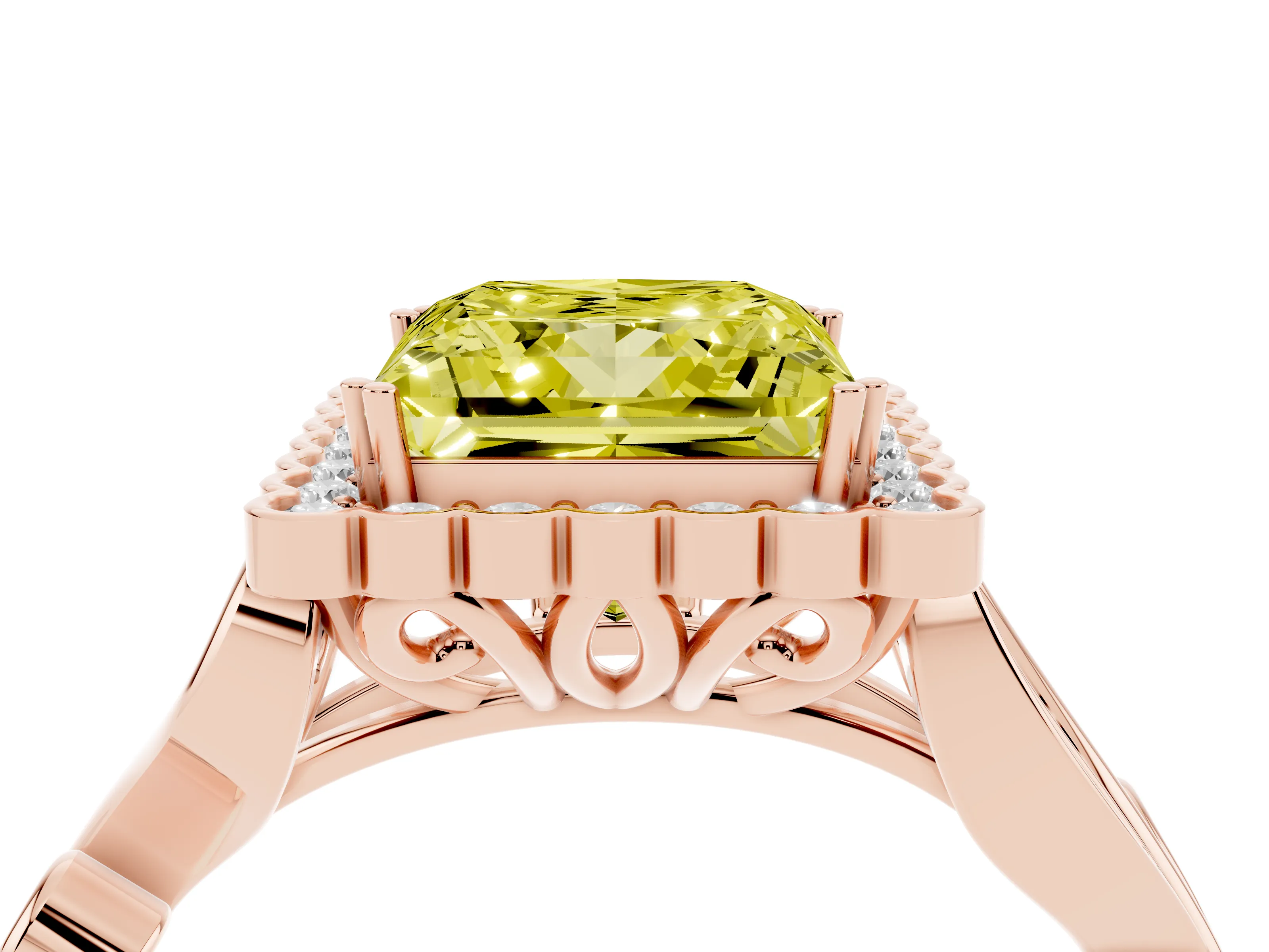 Fancy Yellow Princess Cut Diamond Halo Ring Set in Rose gold with Leaf Motif Split Shank and Prong Setting