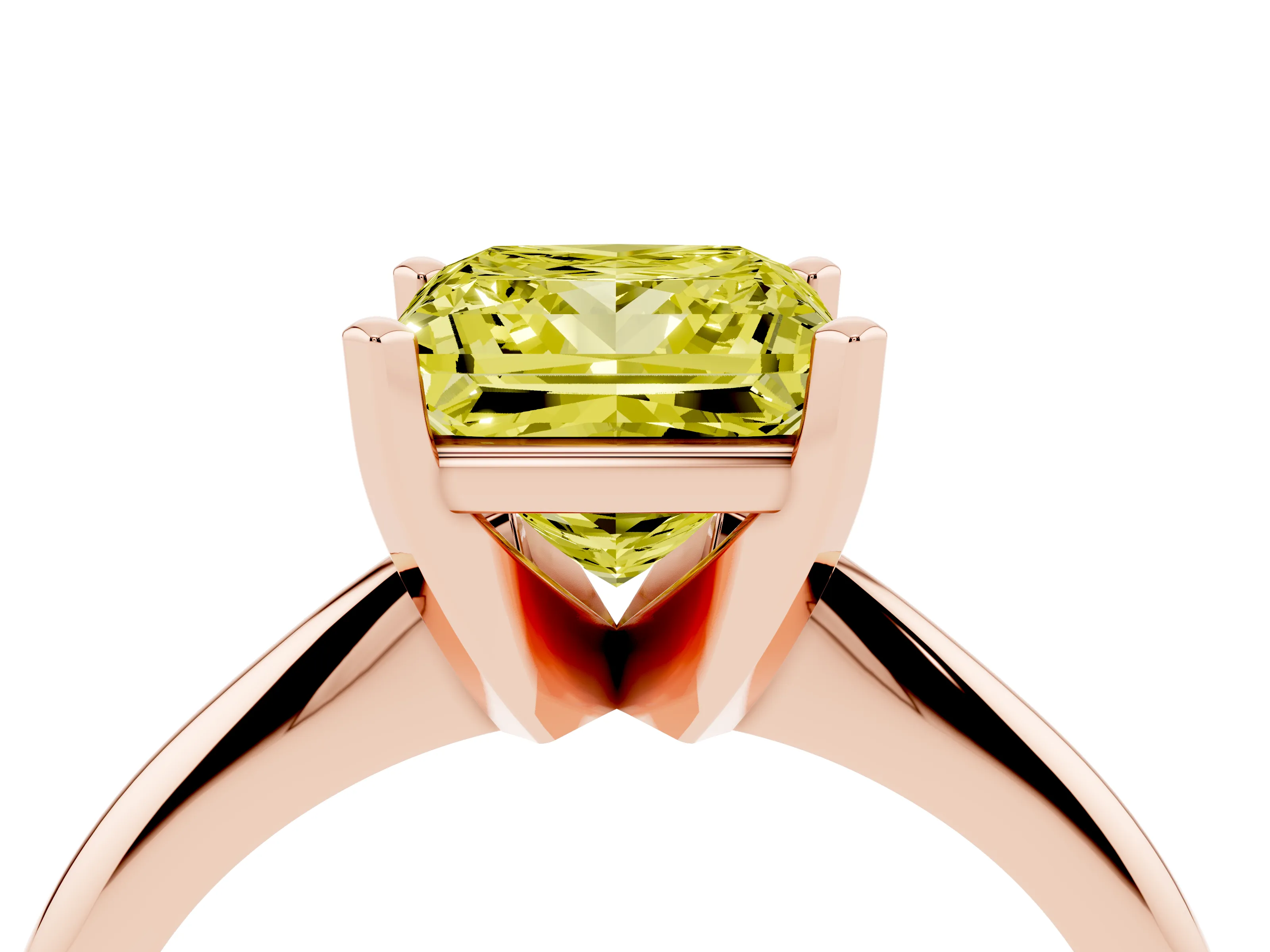Fancy Yellow Princess Cut Diamond Solitaire Ring Set in Rose gold with Prong Setting on a Plain Round Band
