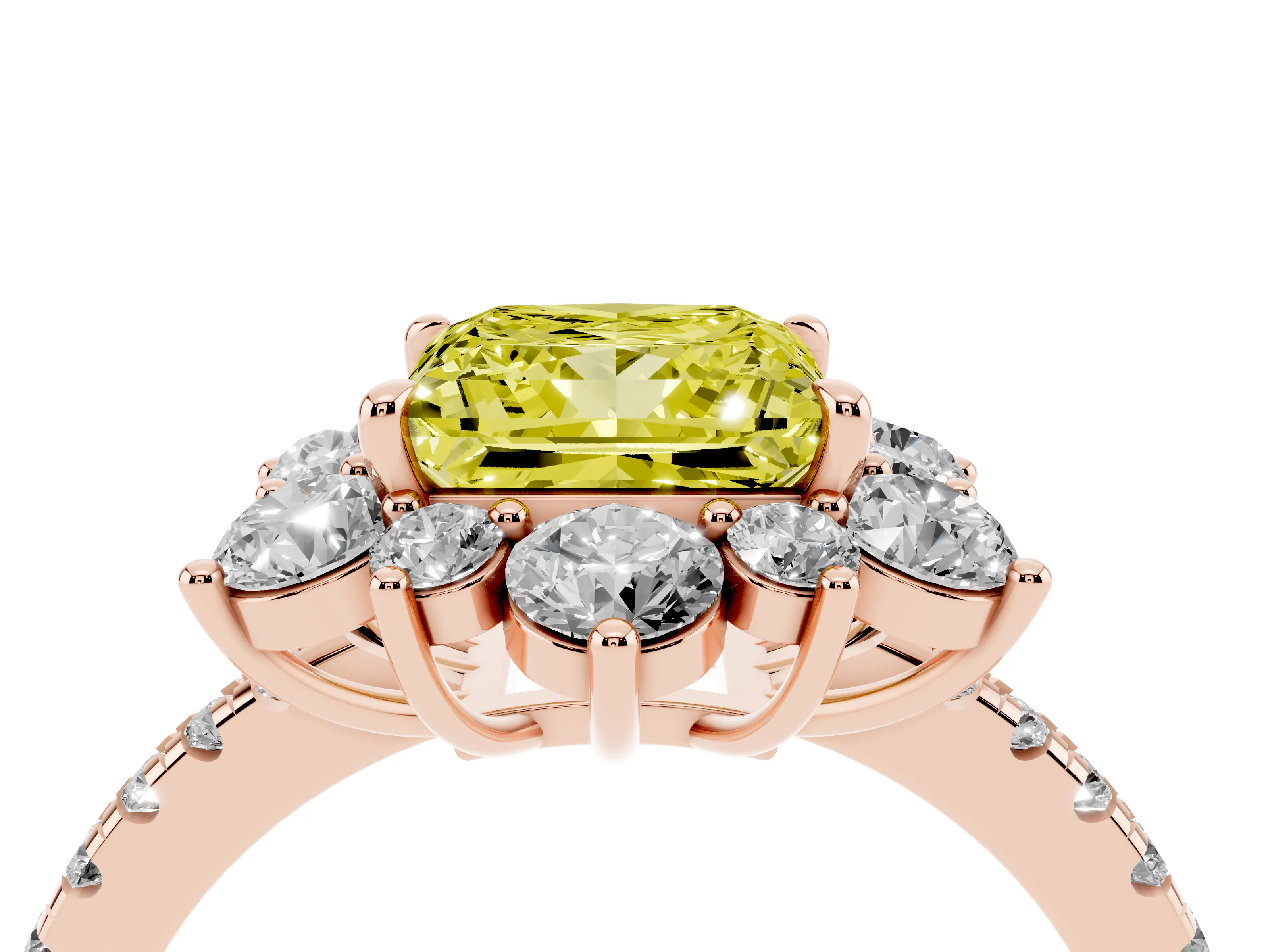 Fancy Yellow Princess Cut Diamond Floral Halo Ring Set in Rose gold with Round Pavé Band and Prong Setting