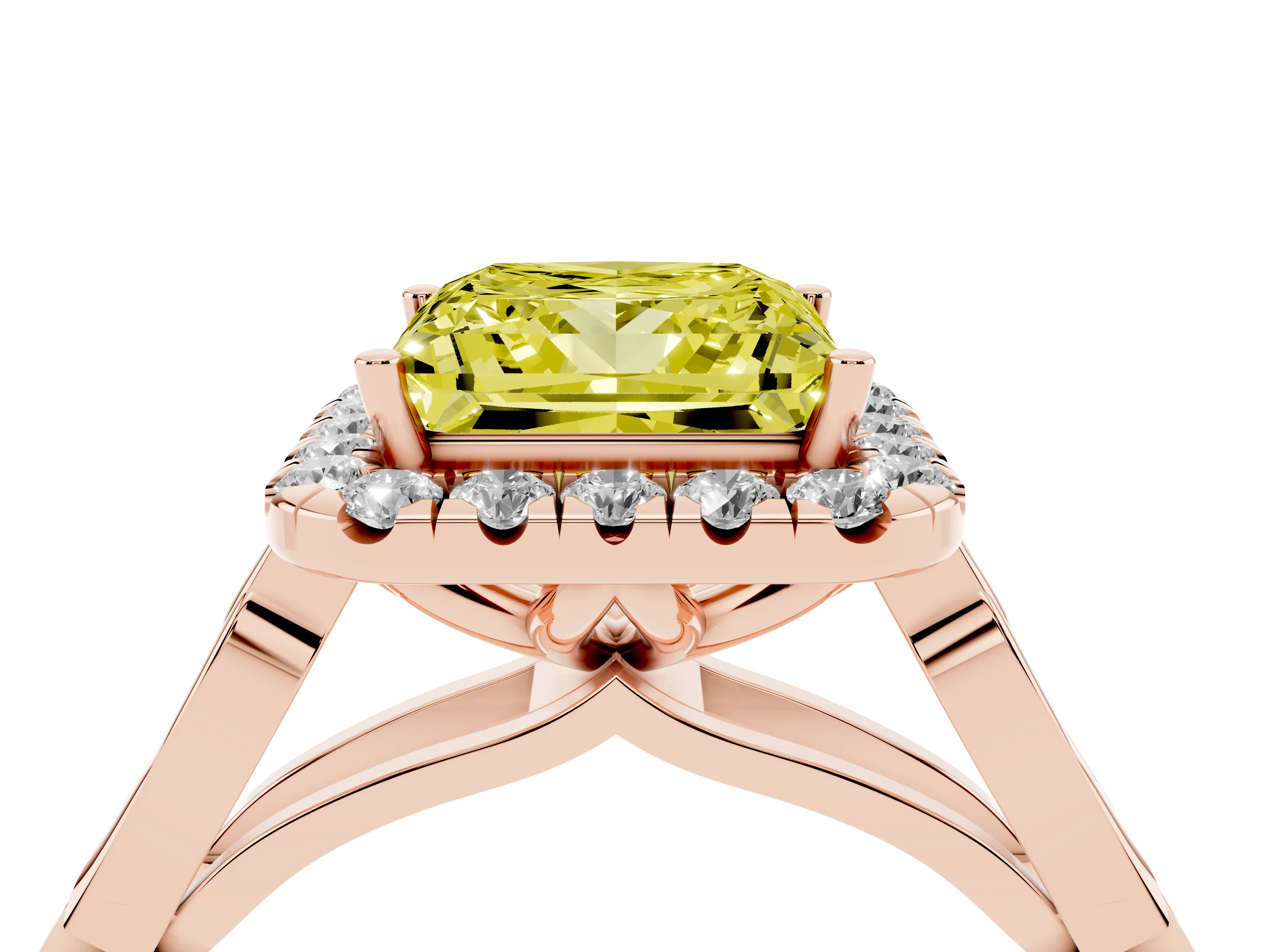 Fancy Yellow Princess Cut Diamond Halo Engagement Ring Set in Rose gold with Filigree Band and Prong-Set Center