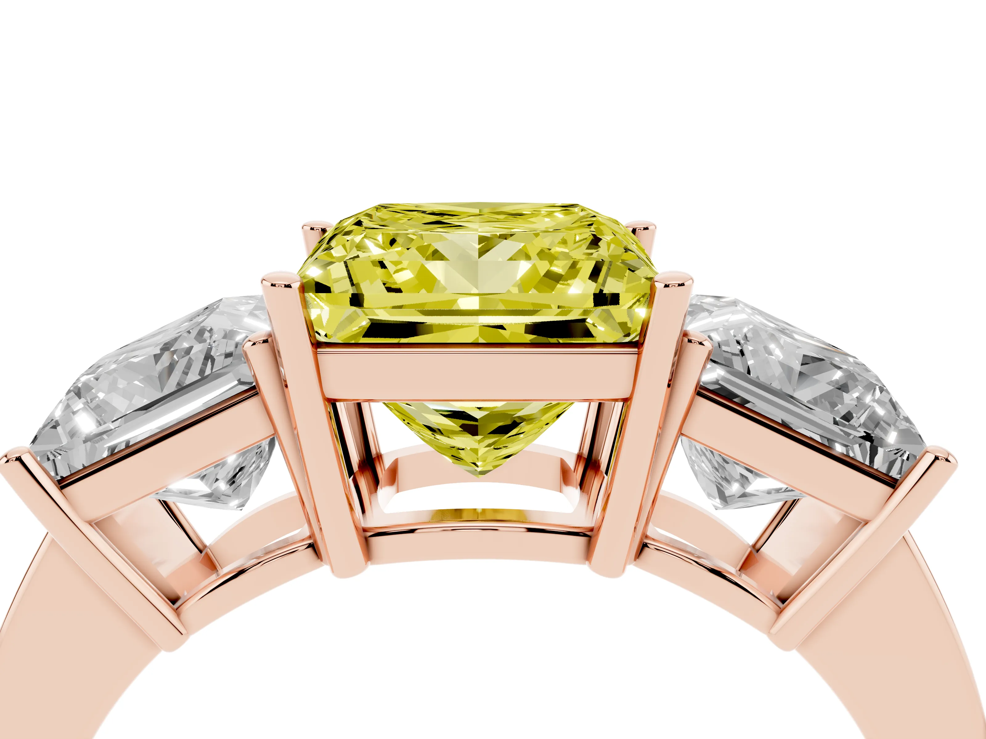 Fancy Yellow Princess Cut Diamond Three-Stone Engagement Ring Set in Rose gold with Flat Band