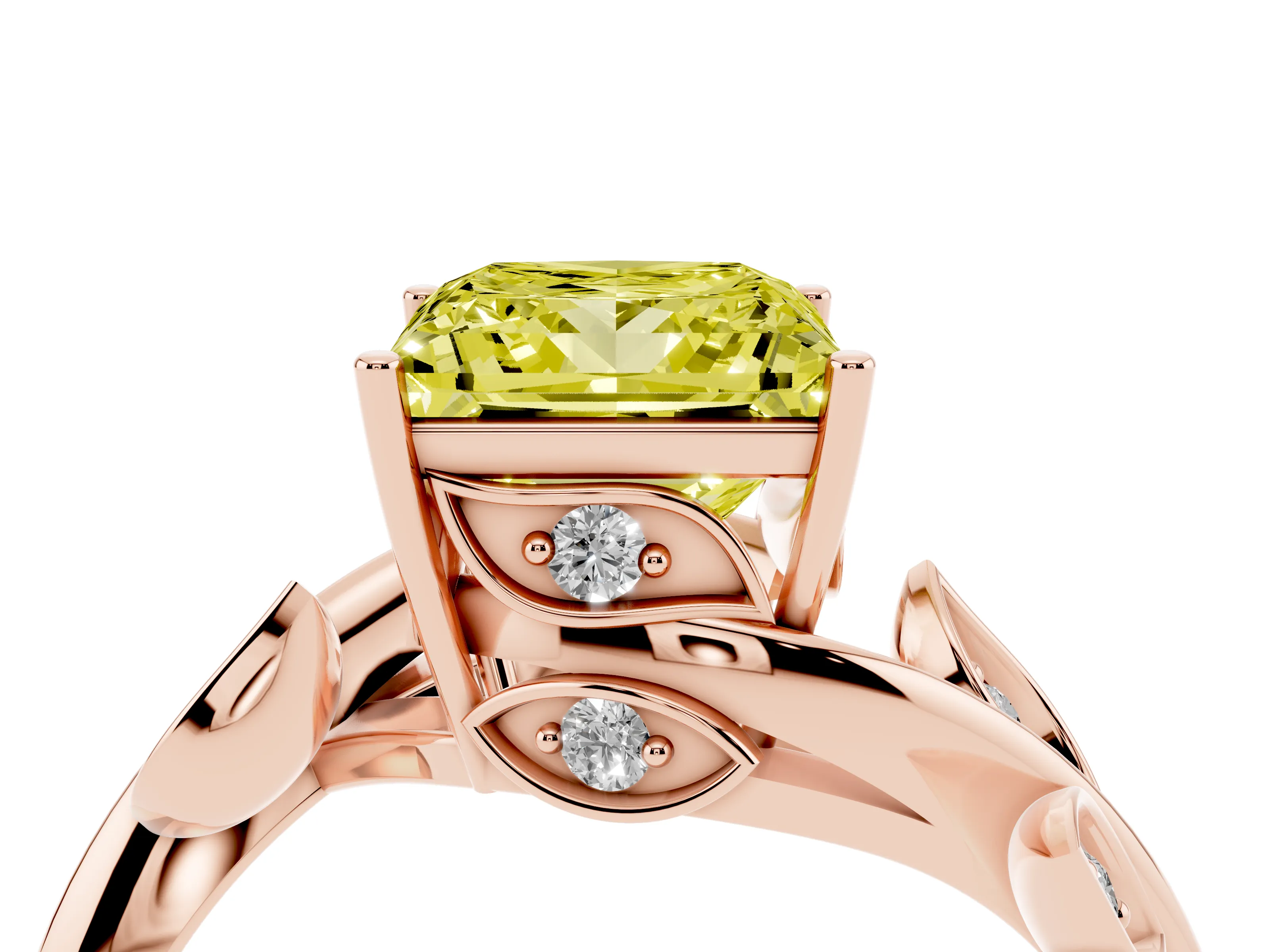 Fancy Yellow Princess Cut Diamond Solitaire Twist Engagement Ring Set in Rose gold with Pavé Leaf Accents