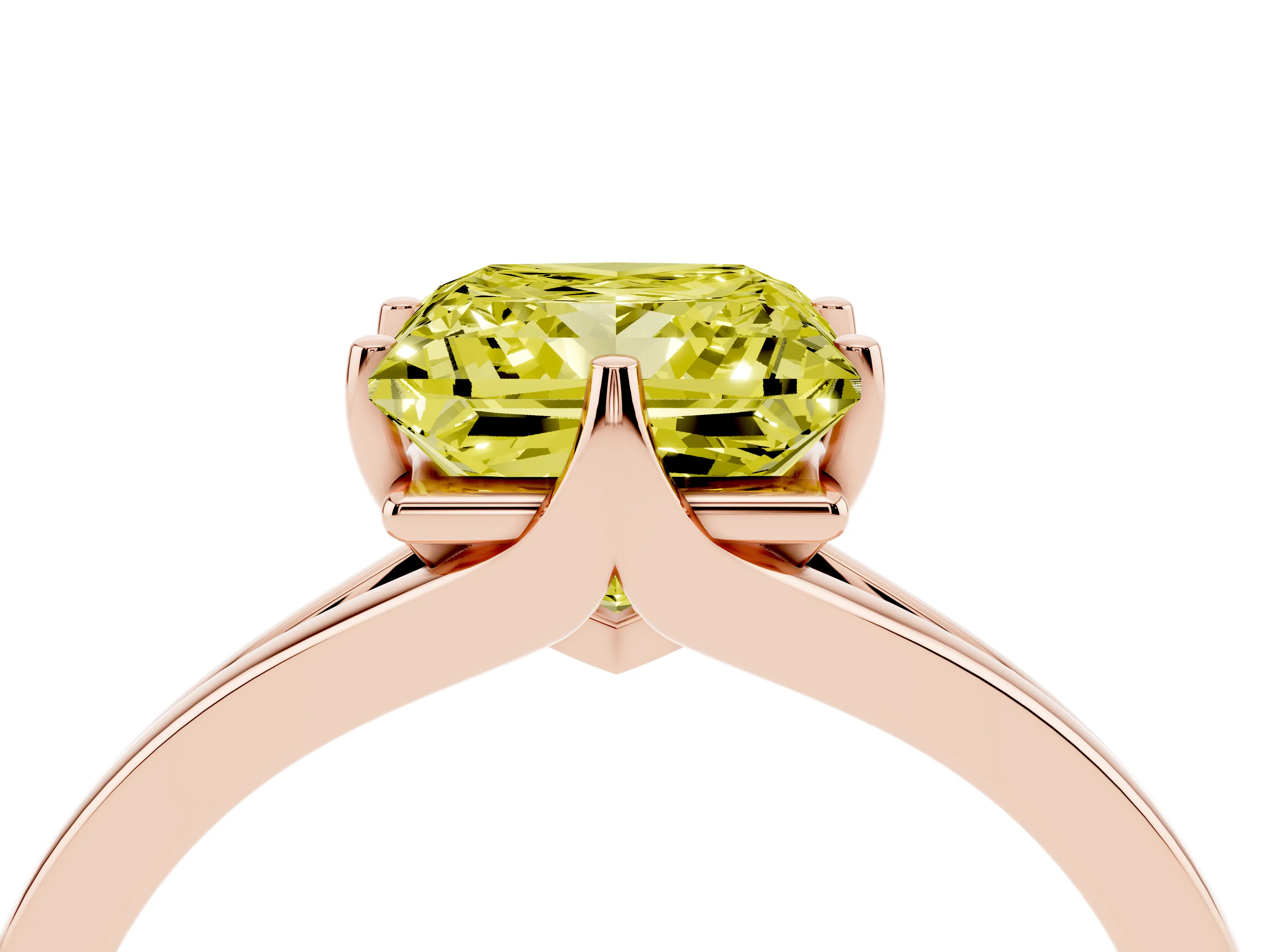 Fancy Yellow Princess Cut Diamond Solitaire Ring Set in Rose gold with Polished Tapered Band and Prong Setting