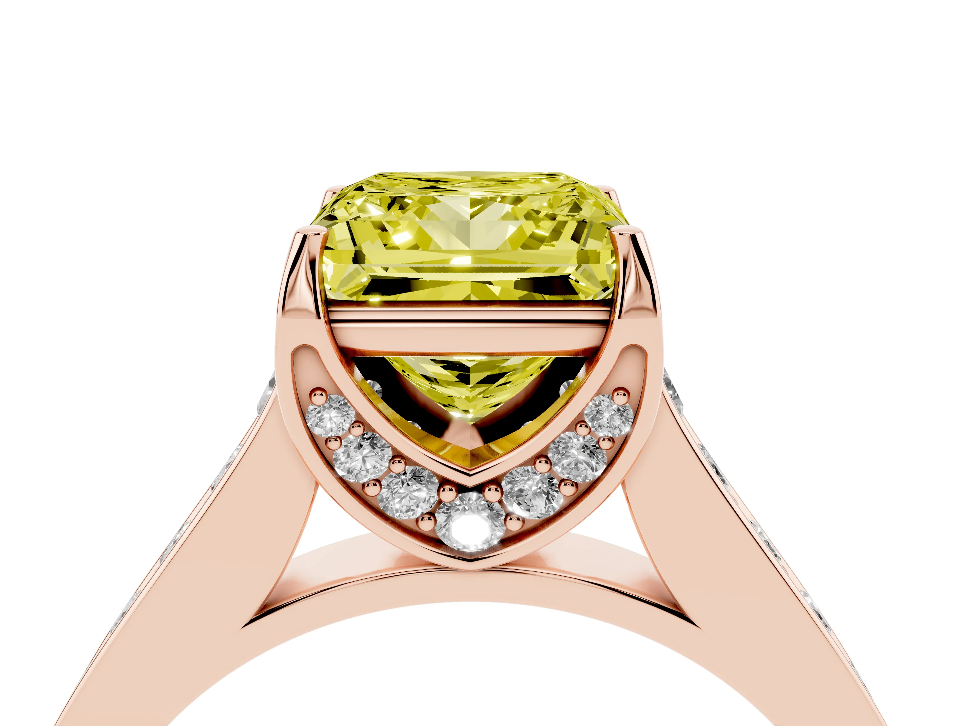 Fancy Yellow Princess Cut Diamond Solitaire Pavé Engagement Ring Set in Rose gold with Prong Setting