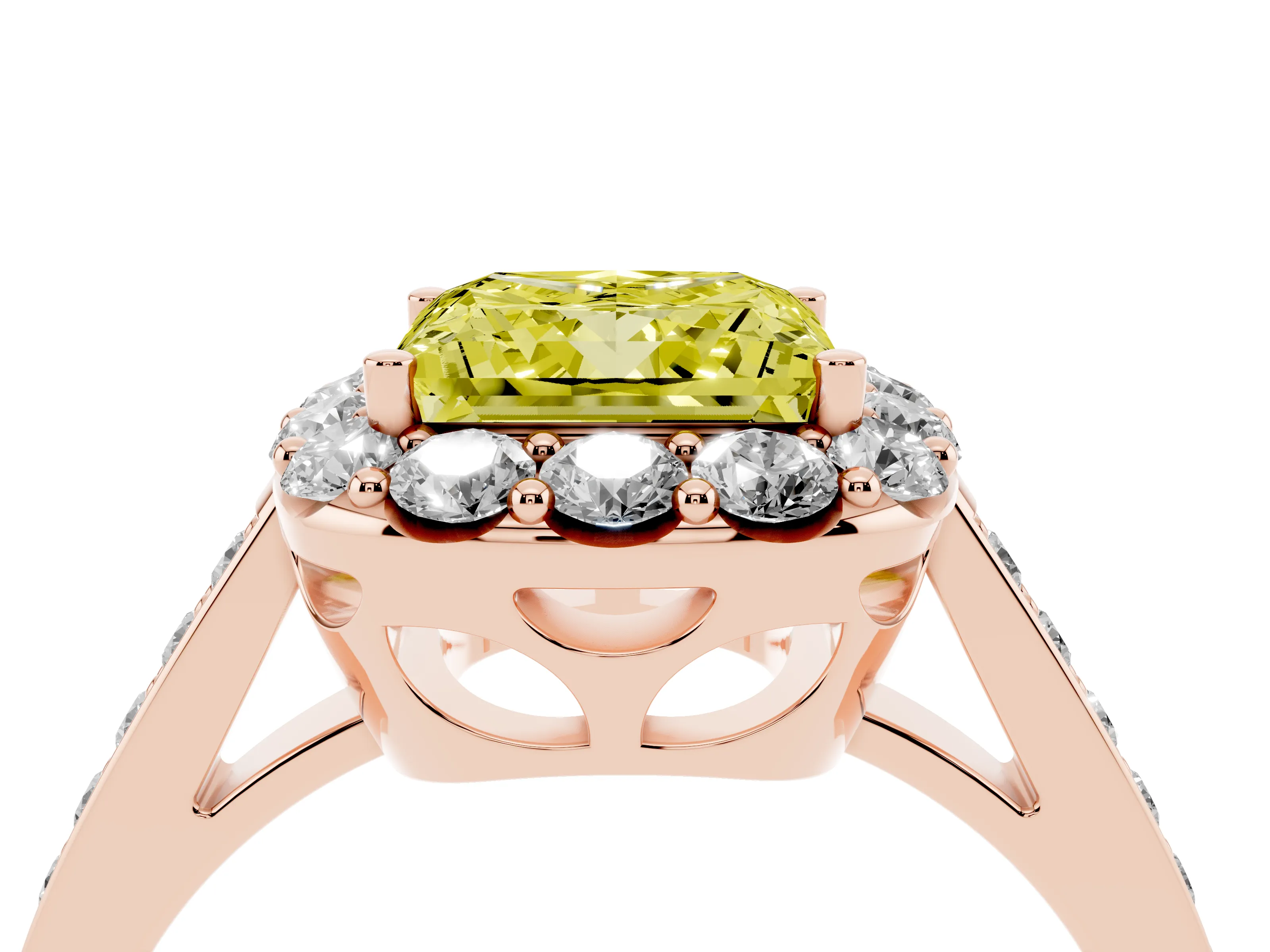 Fancy Yellow Princess Cut Diamond Floral Halo Ring Set in Rose gold with Pavé Band and Prong Setting
