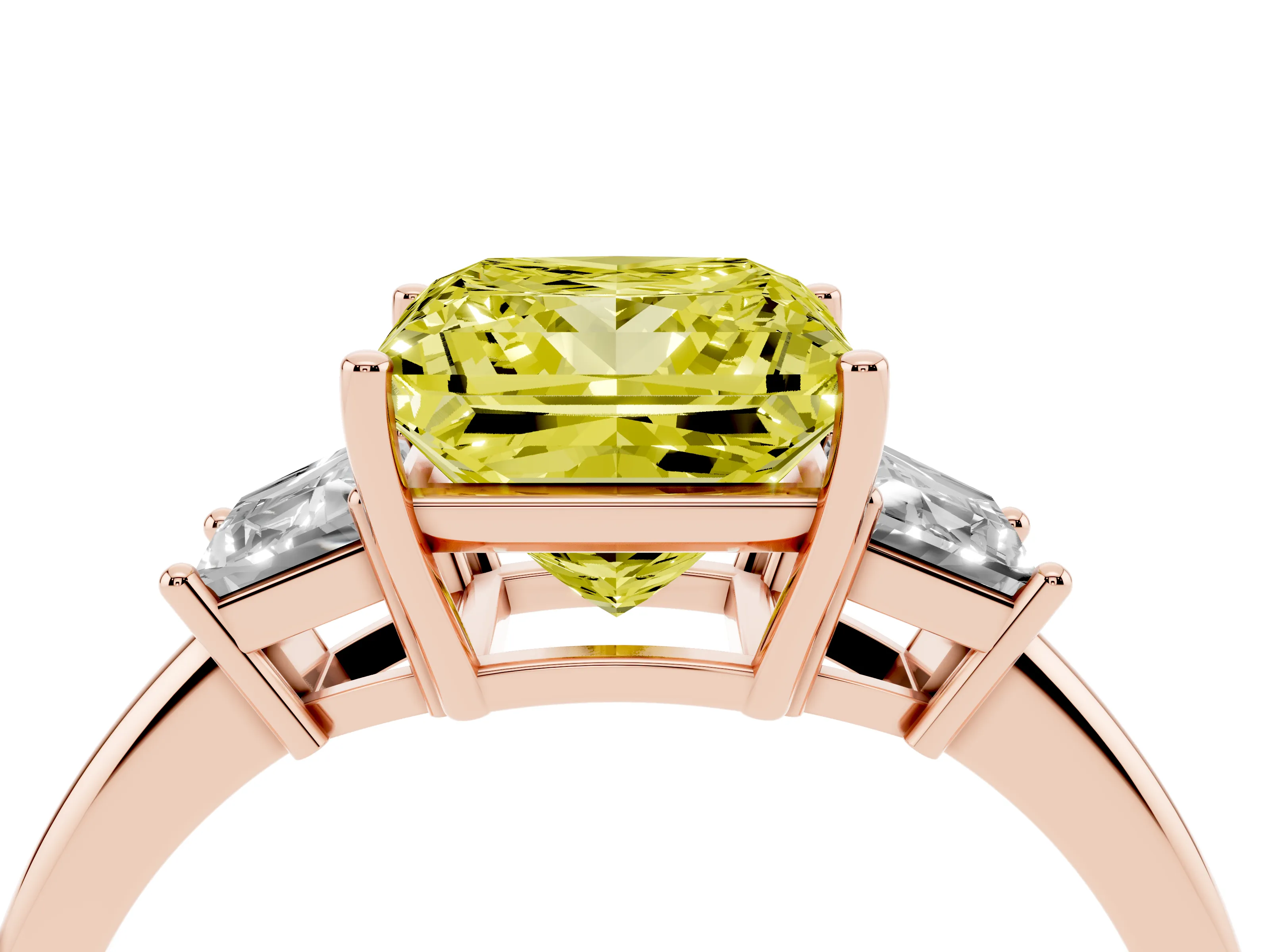 Fancy Yellow Princess Cut Diamond Three-Stone Ring Set in Rose gold with Trapezoid Side Stones and Prong Setting