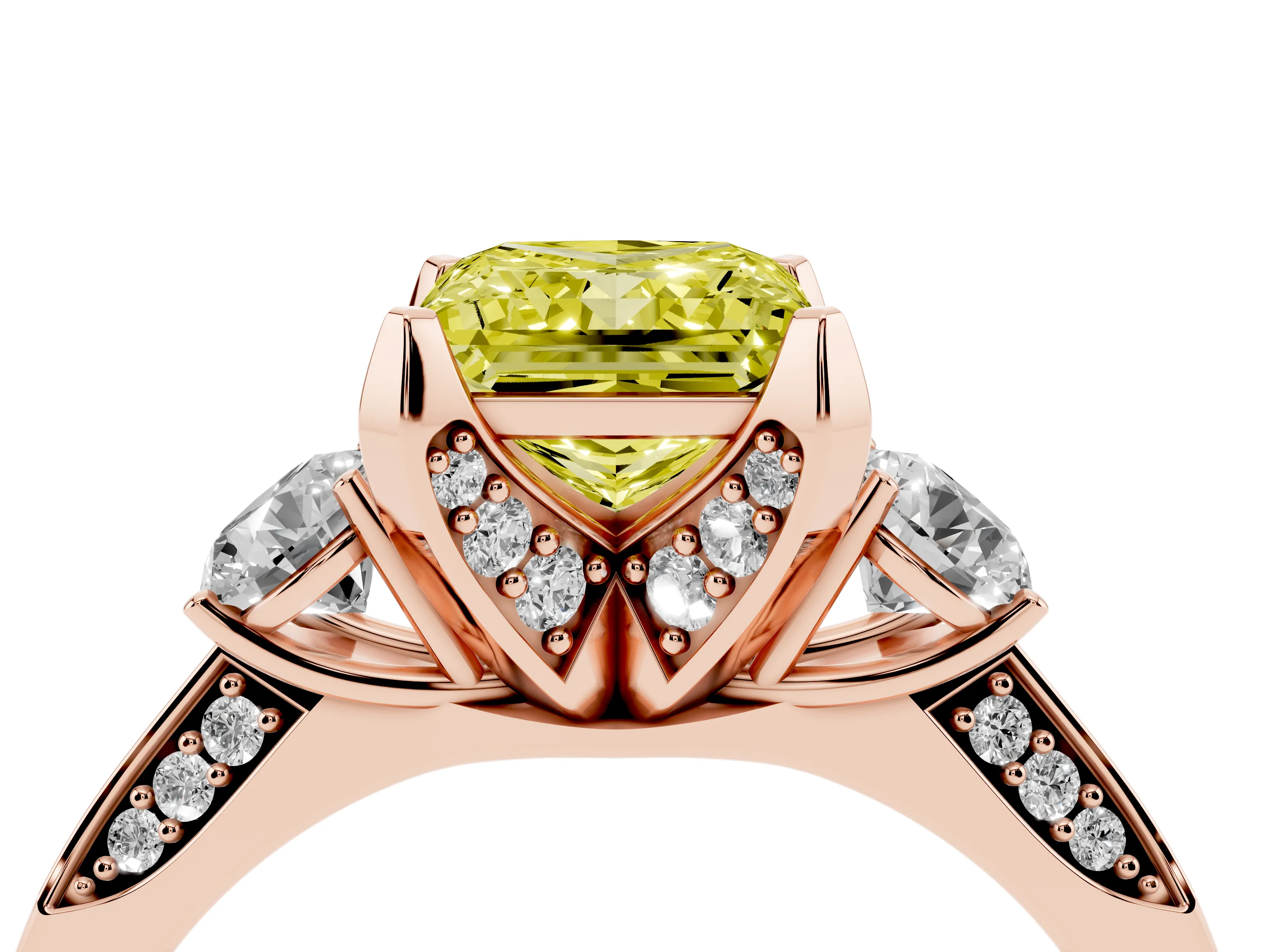 Fancy Yellow Princess Cut Diamond Three-Stone Ring Set in Rose gold with Pavé Band and Smaller Side Stones