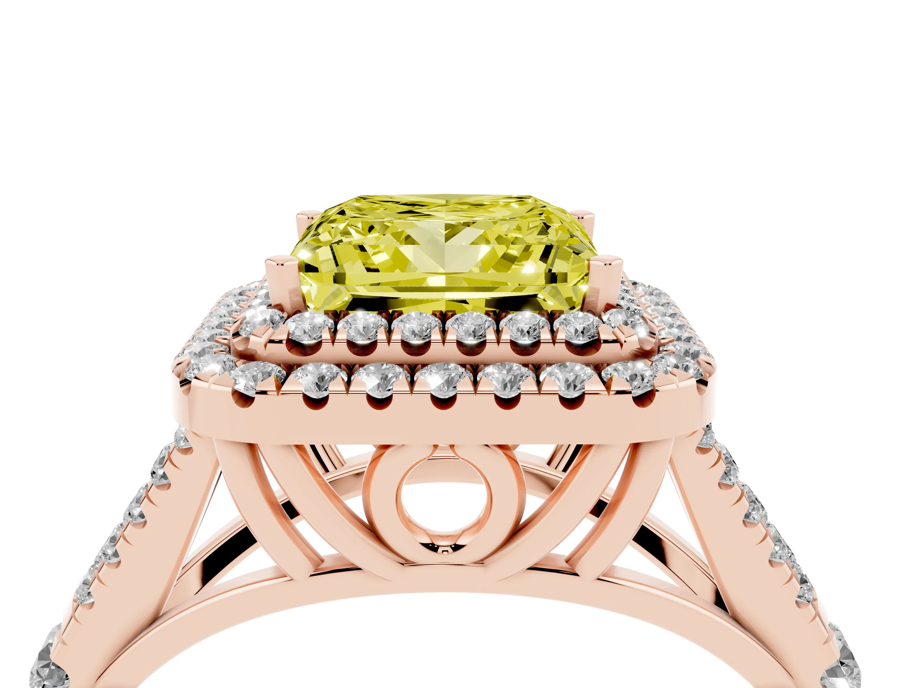 Fancy Yellow Princess Cut Diamond Pavé Split Shank Double Halo Engagement Ring Set in Rose gold