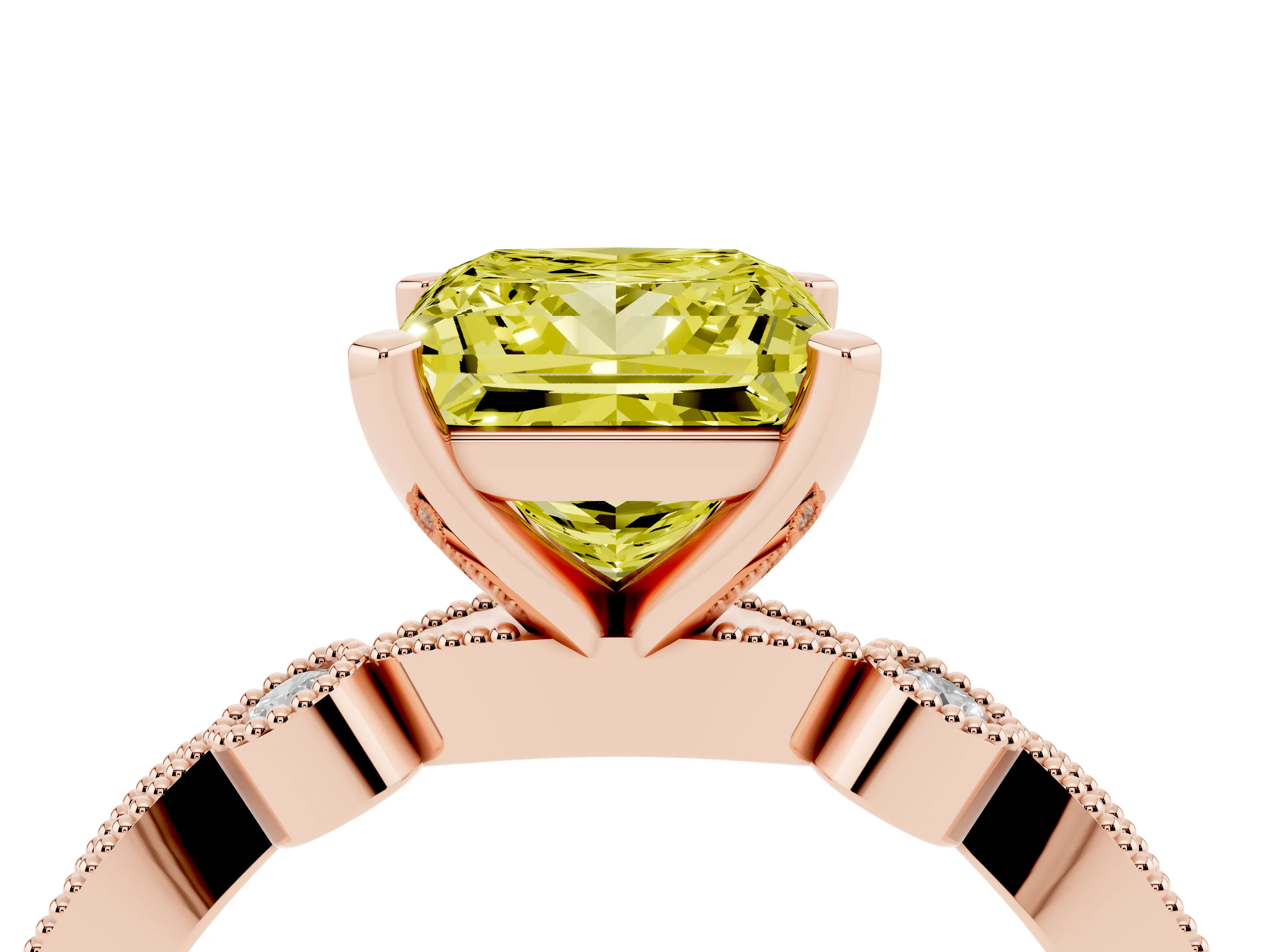 Fancy Yellow Princess Cut Diamond Solitaire Engagement Ring Set in Rose gold with Milgrain Bezel Accent Band