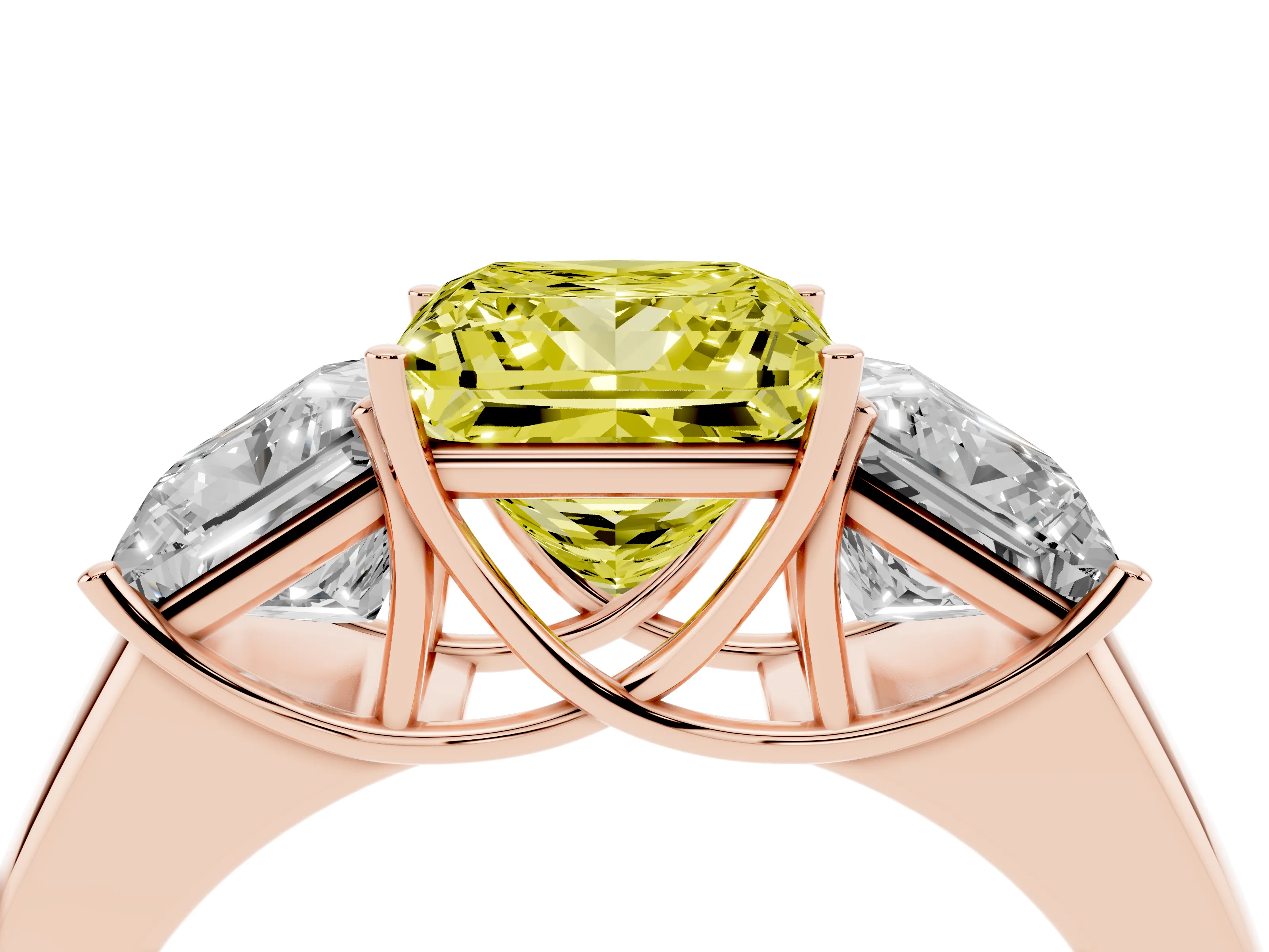 Fancy Yellow Three-Stone Princess Cut Diamond Ring Set in Rose gold with Matching Prong Settings and Plain Band