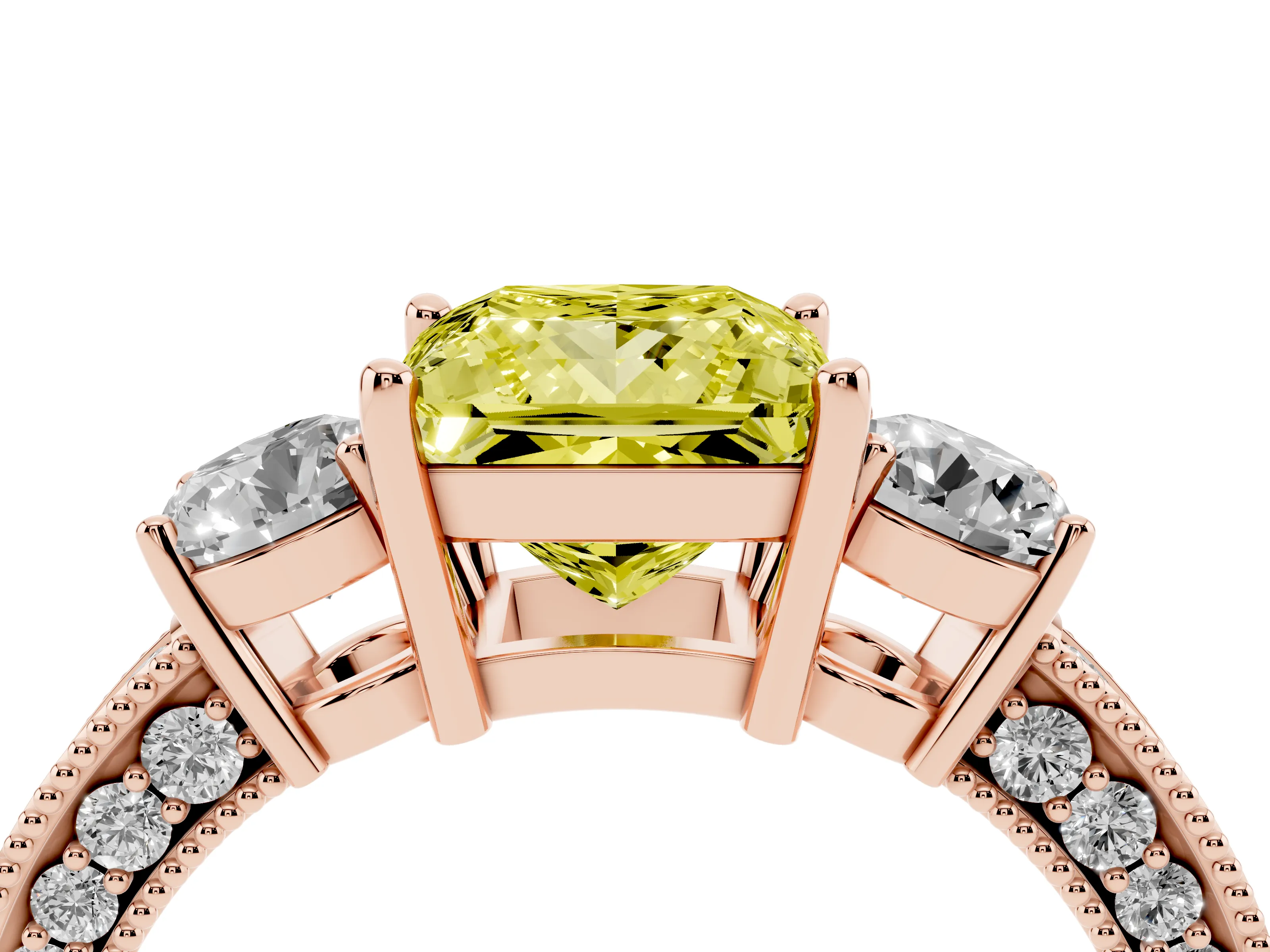 Fancy Yellow Princess Cut Diamond Three-Stone Ring Set in Rose gold with Round Side Stones and Pavé Band