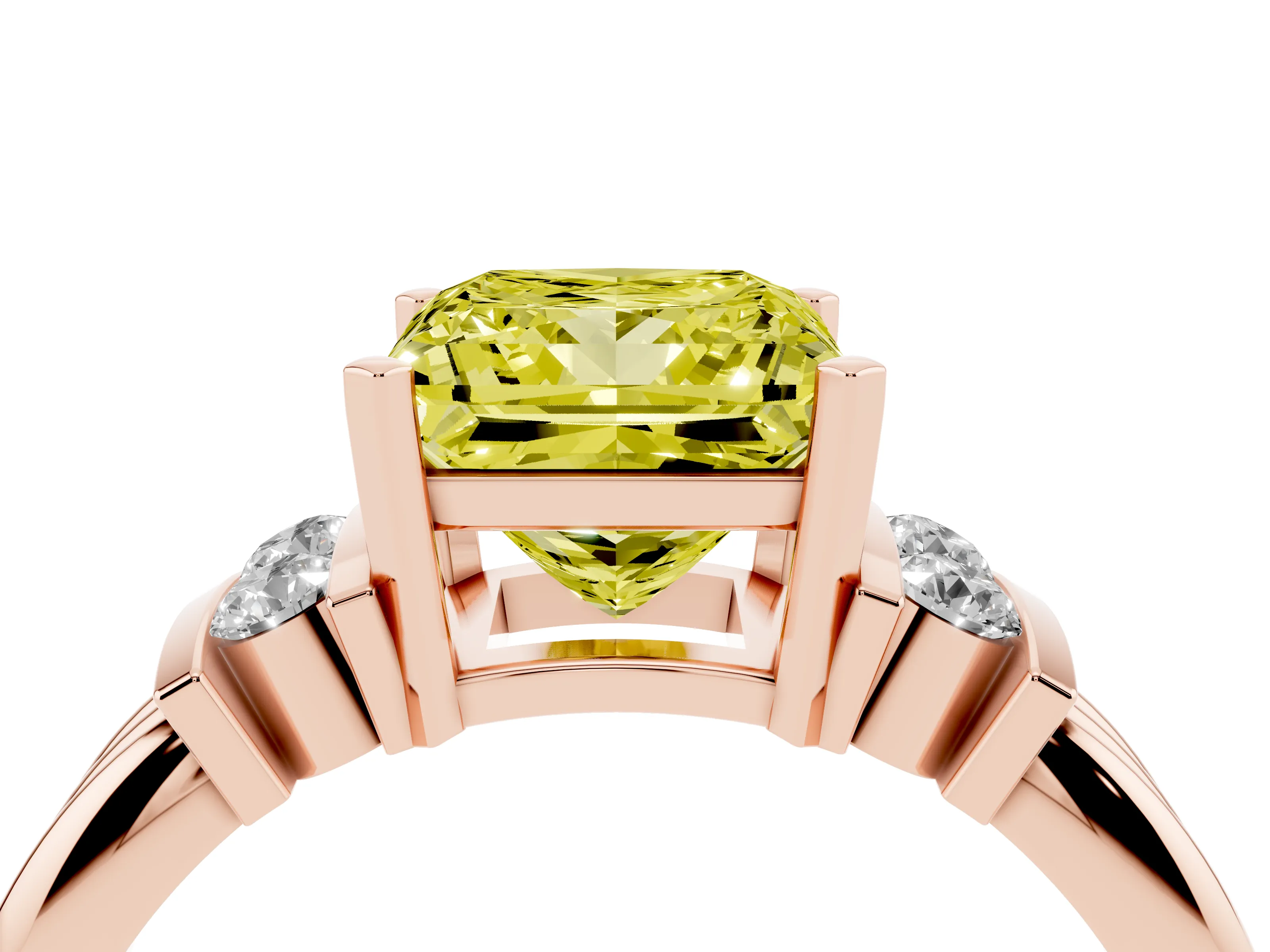 Fancy Yellow Three-Stone Princess Cut Diamond Channel Set Ring Set in Rose gold with Bar Prongs