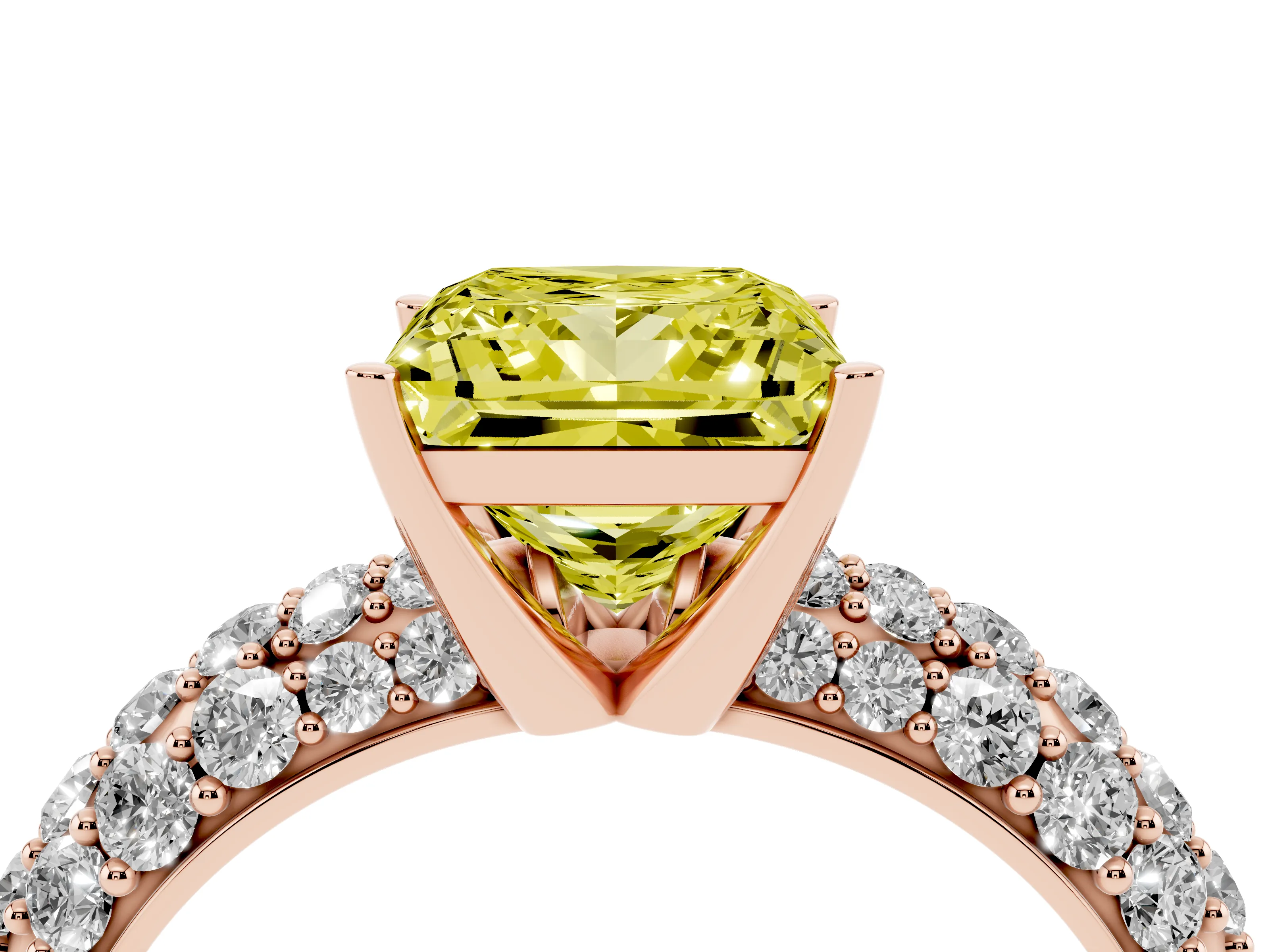 Fancy Yellow Princess Cut Diamond Pavé Band Solitaire Ring Set in Rose gold with Close-Set Accent Stones and Prong Setting