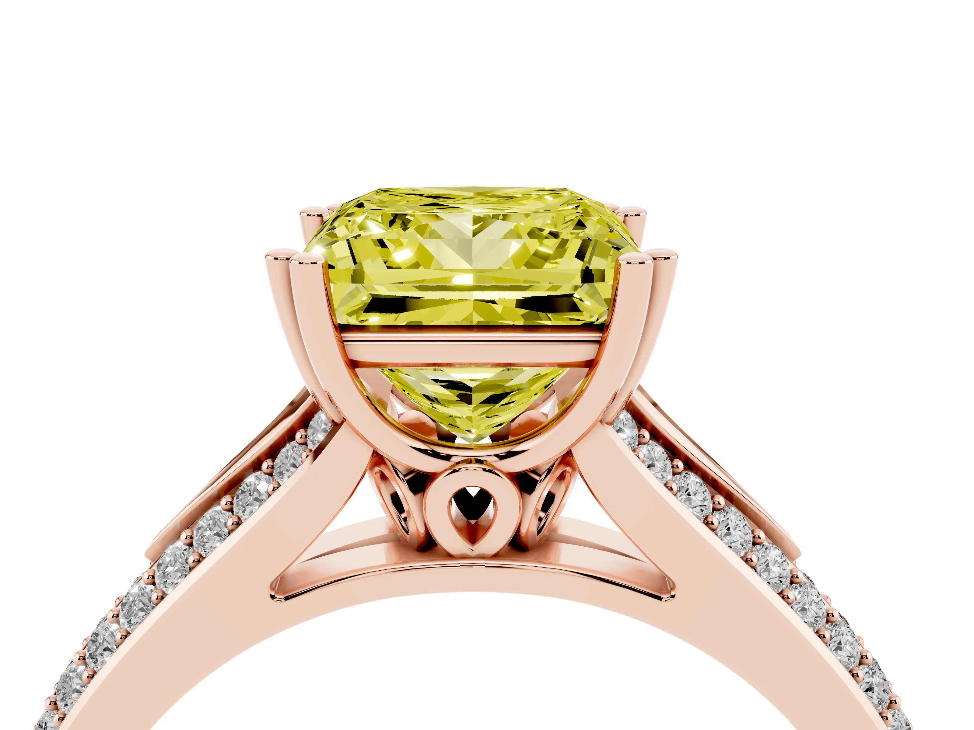 Fancy Yellow Princess Cut Diamond Split Shank Pavé Engagement Ring Set in Rose gold with Prong-Set Center Stone