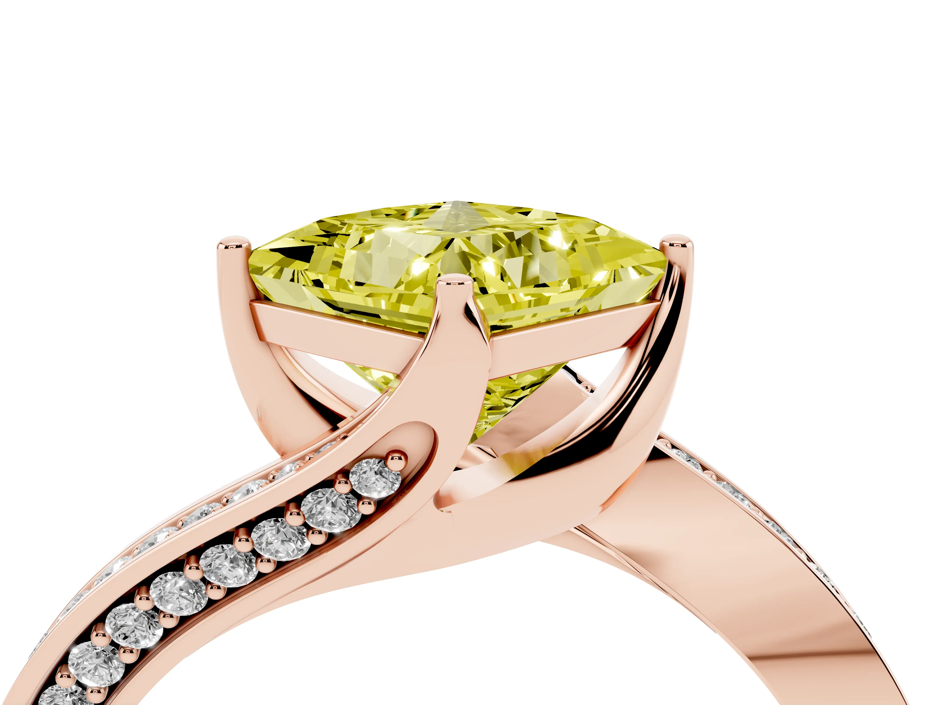 Fancy Yellow Princess Cut Diamond Solitaire Ring Set in Rose gold with Intertwined Pavé Twist Band