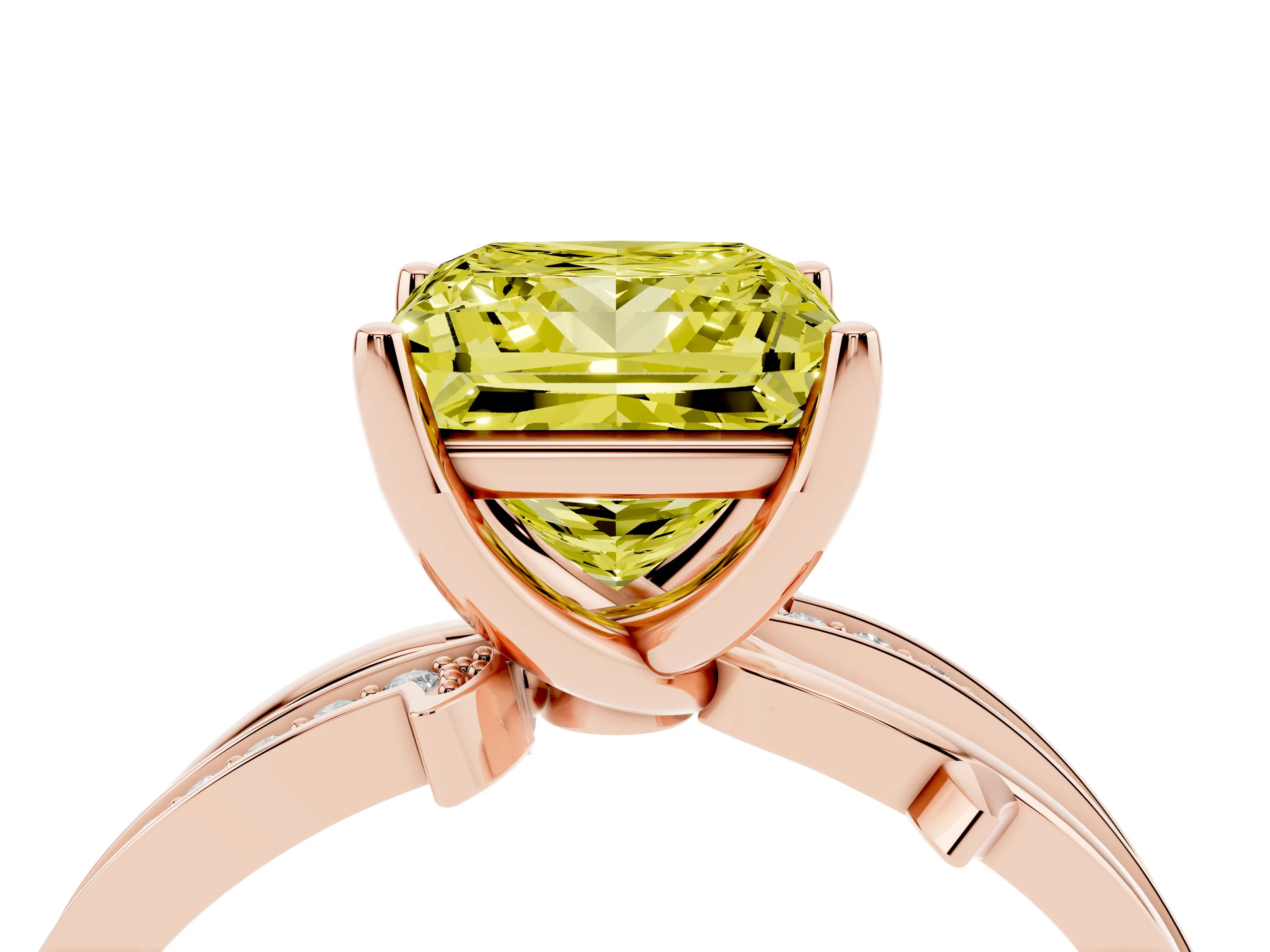 Fancy Yellow Princess Cut Diamond Pavé Twist Band Solitaire Ring Set in Rose gold with Prong Setting