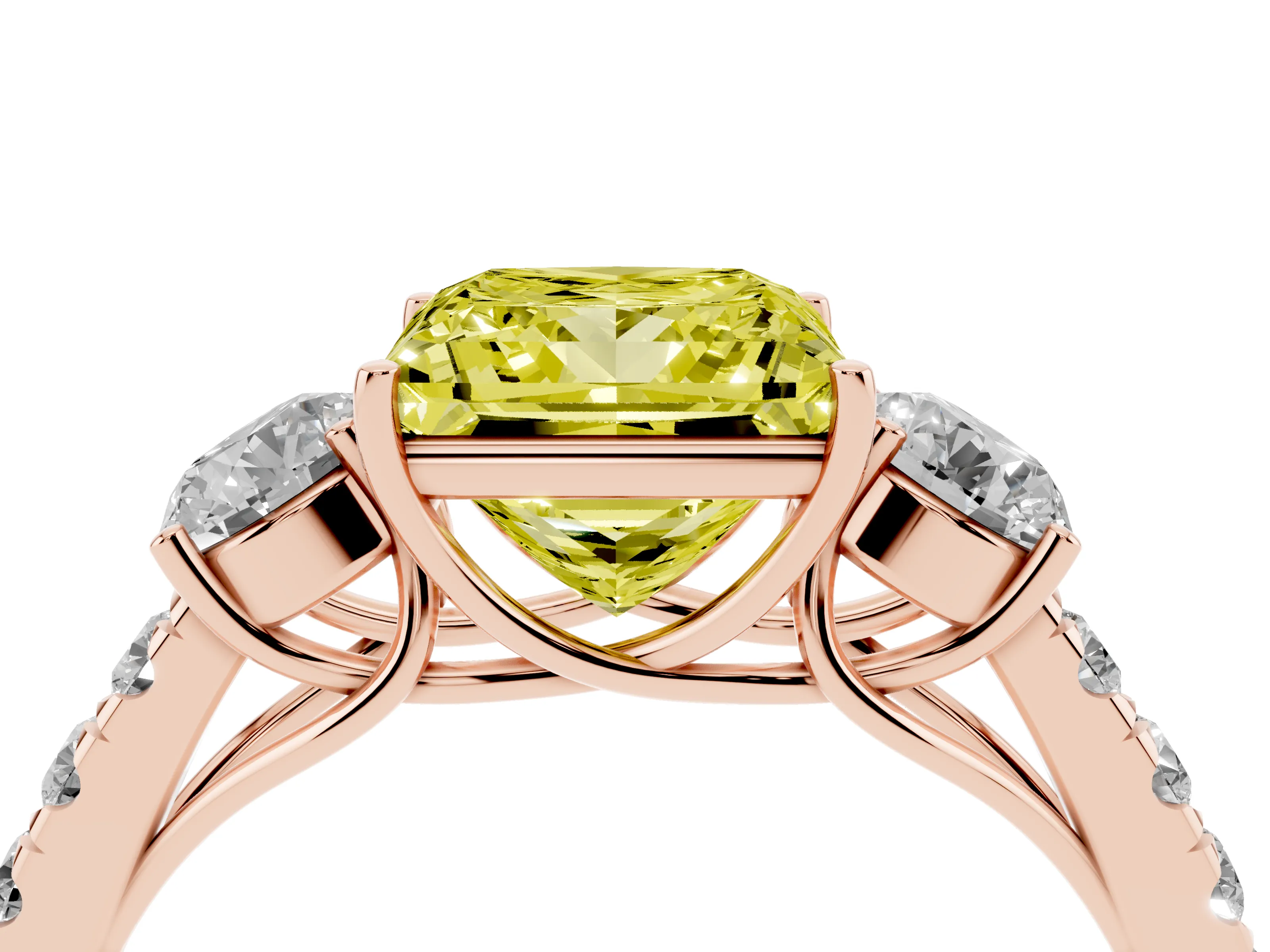 Fancy Yellow Princess Cut Diamond Three-Stone Ring Set in Rose gold with Round Side Stones and Delicate Pavé Band