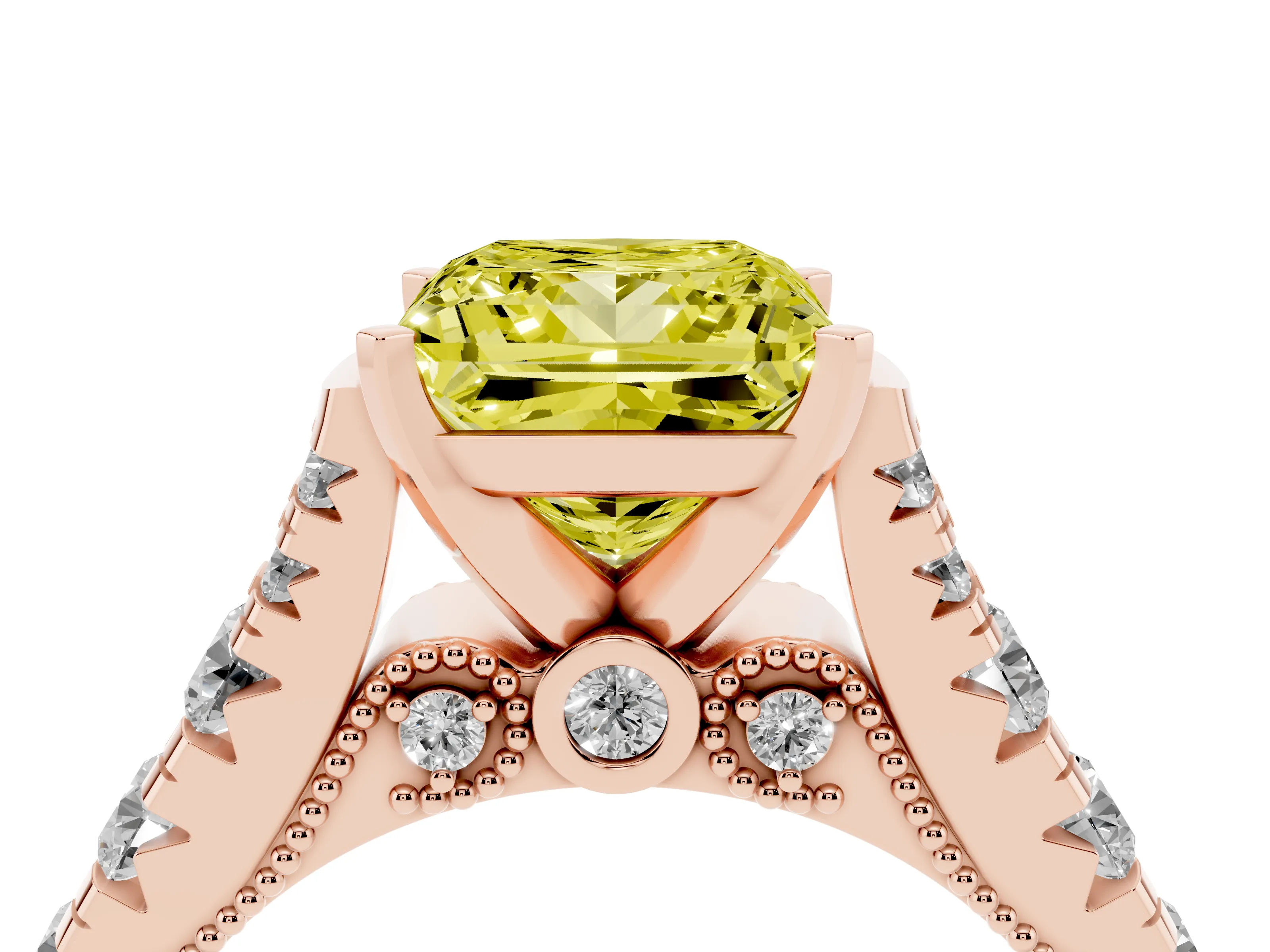 Fancy Yellow Princess Cut Diamond Classic Solitaire Ring Set in Rose gold with Pavé Band and Prong Setting