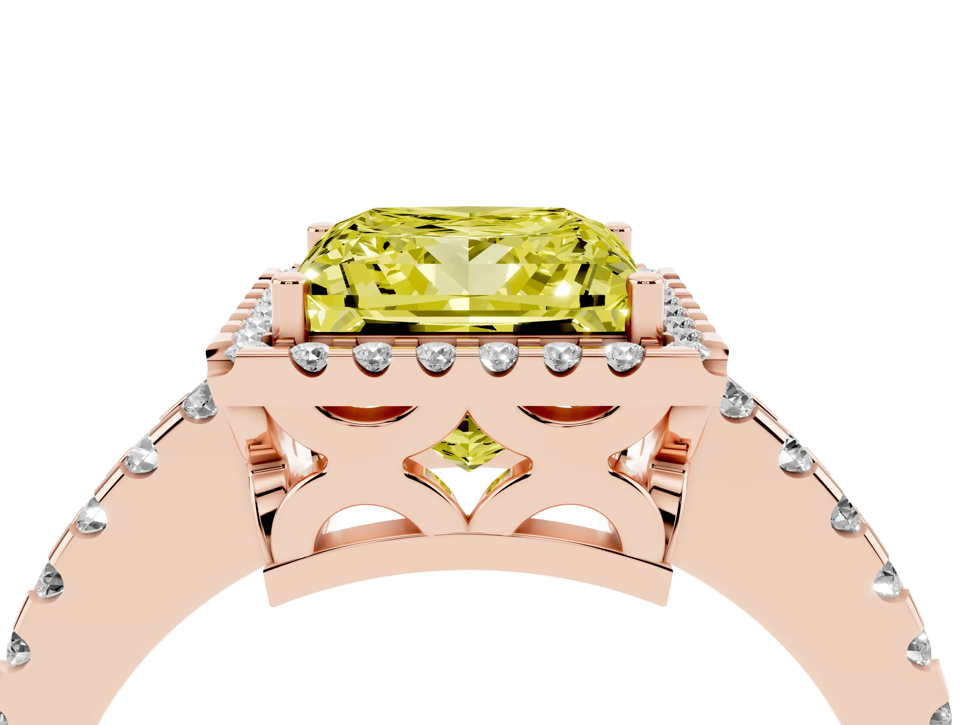 Fancy Yellow Princess Cut Diamond Halo Ring Set in Rose gold with Pavé Shoulders and Halo-Framed Center