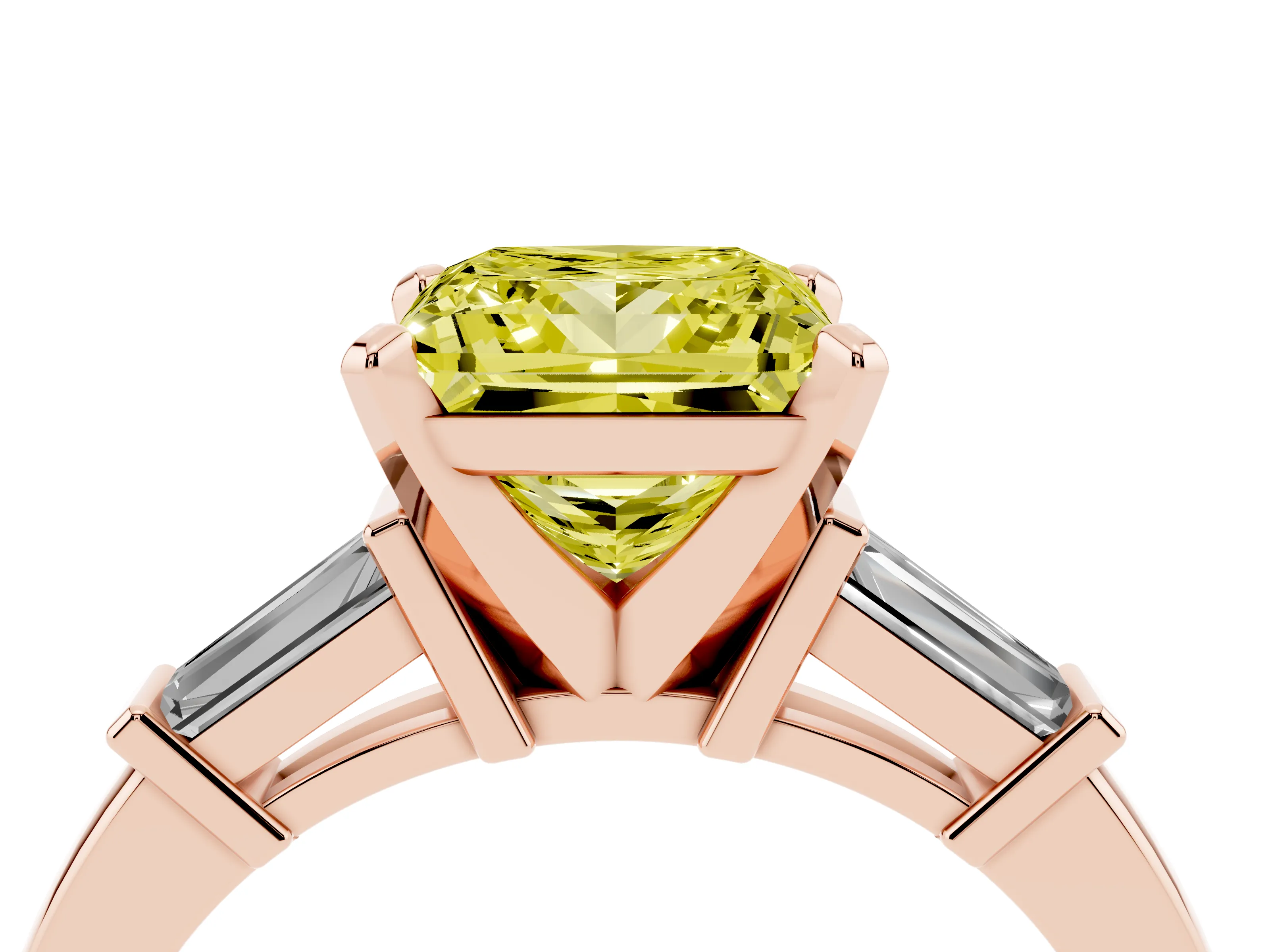 Fancy Yellow Princess Cut Diamond Solitaire Ring Set in Rose gold with Tapered Baguette Accents and Prong Setting