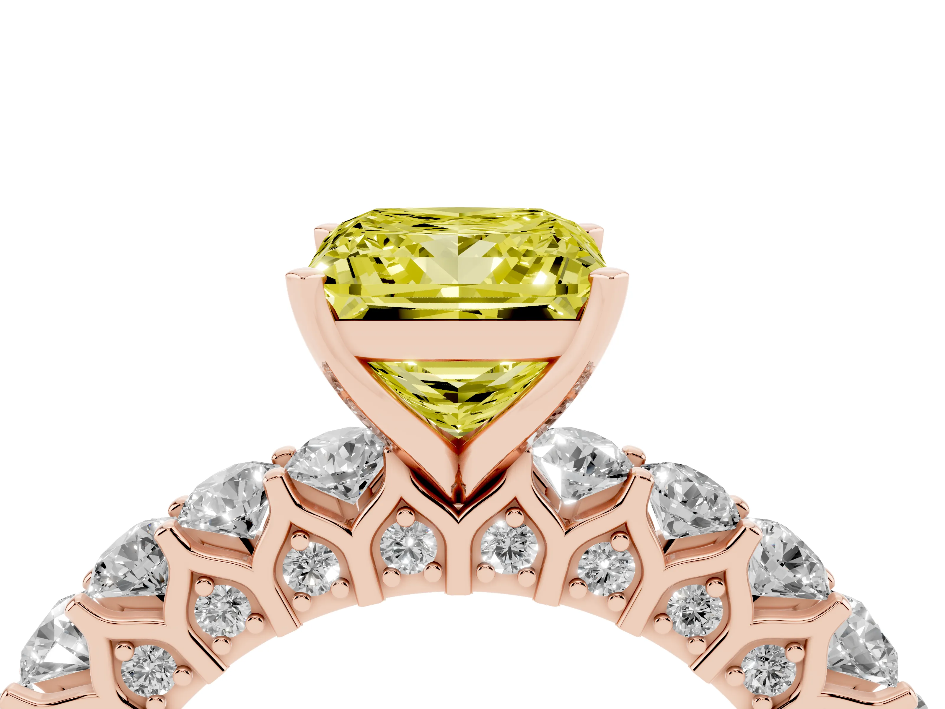 Fancy Yellow Princess Cut Diamond Solitaire Ring Set in Rose gold with Shared Prong Pavé Band