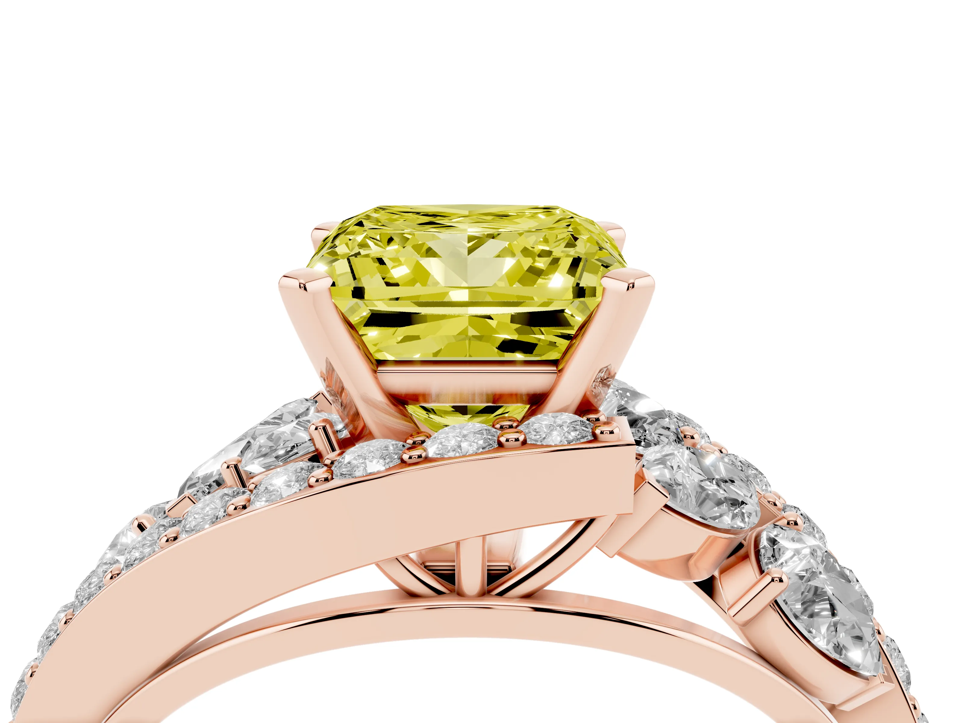Fancy Yellow Princess Cut Diamond Halo Ring Set in Rose gold with Marquise and Pavé Band in Prong Setting