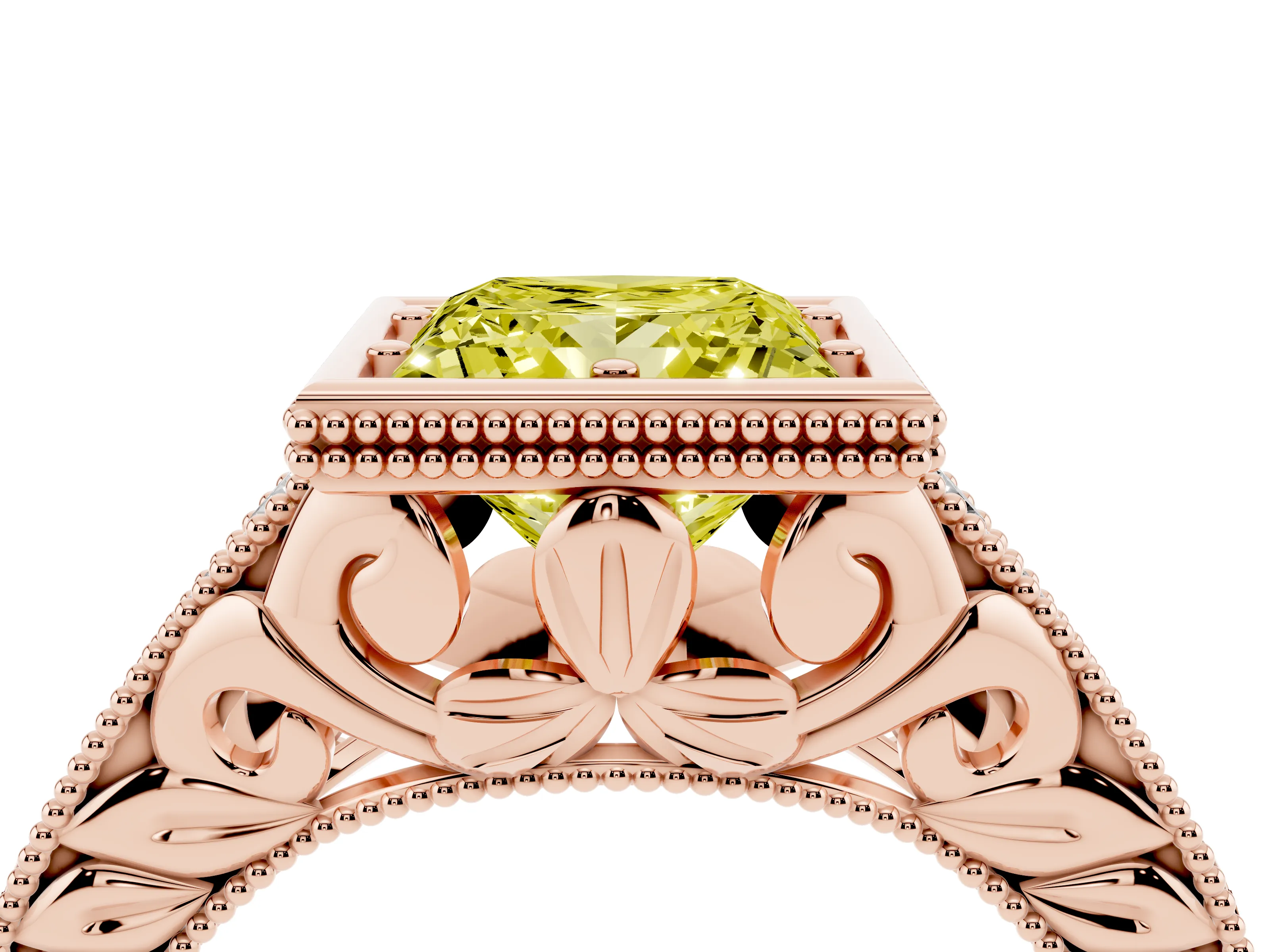 Fancy Yellow Bezel Set Princess Cut Diamond Milgrain Pavé Engagement Ring Set in Rose gold