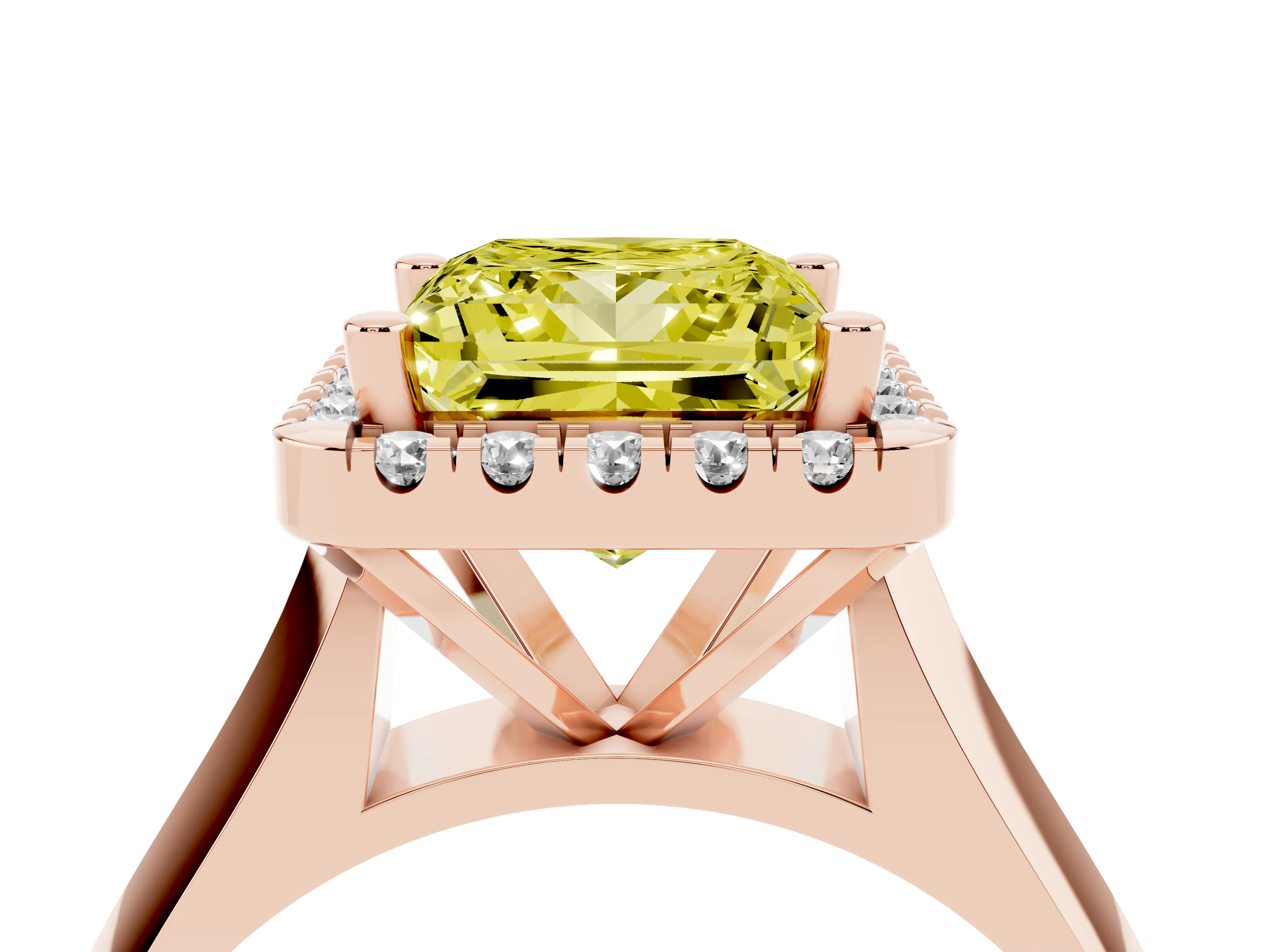 Fancy Yellow Princess Cut Diamond Halo Solitaire Engagement Ring Set in Rose gold with Square Band and Prong Setting