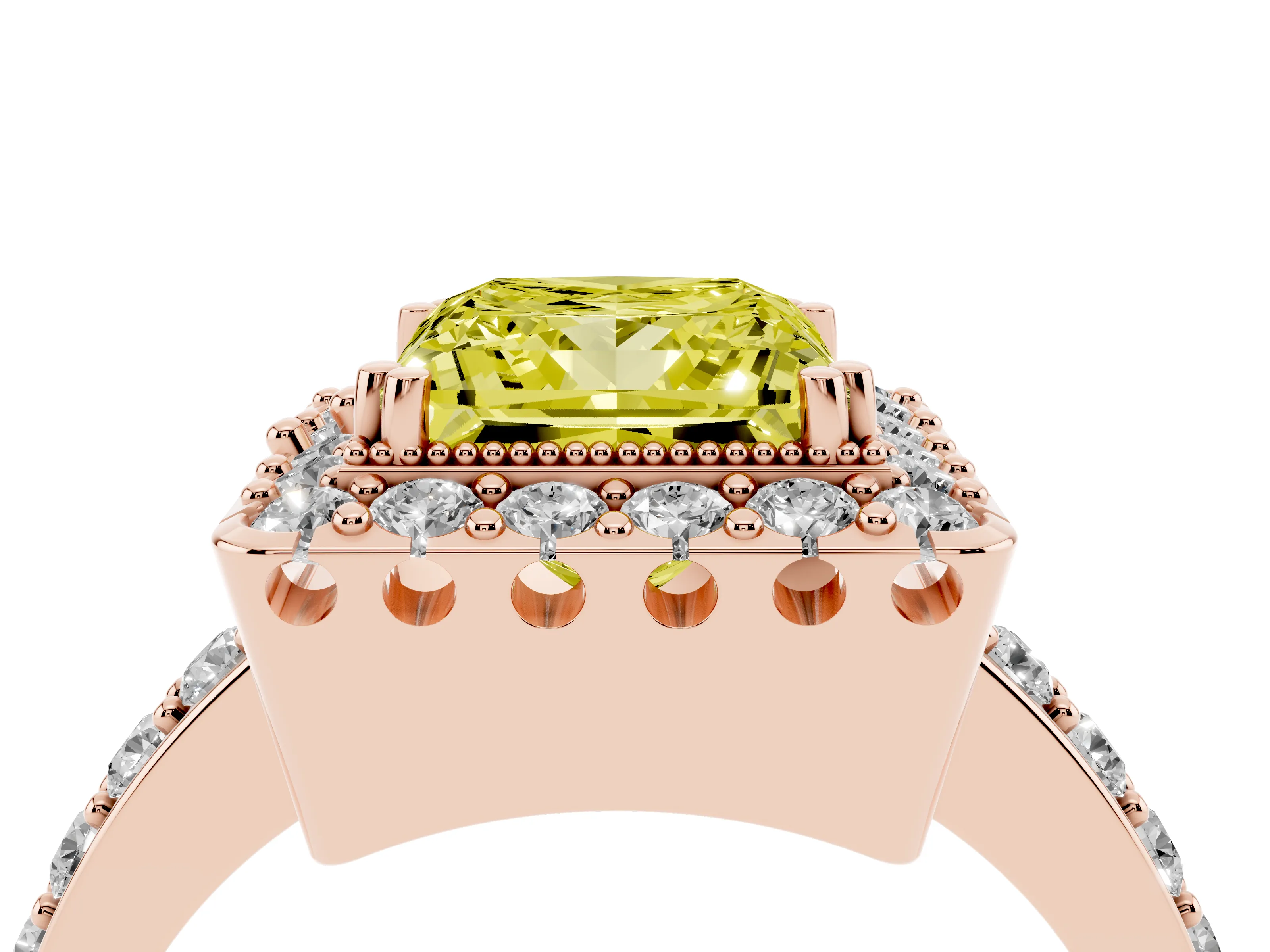 Fancy Yellow Princess Cut Diamond Halo Ring Set in Rose gold with Pavé Shank and Prong Setting